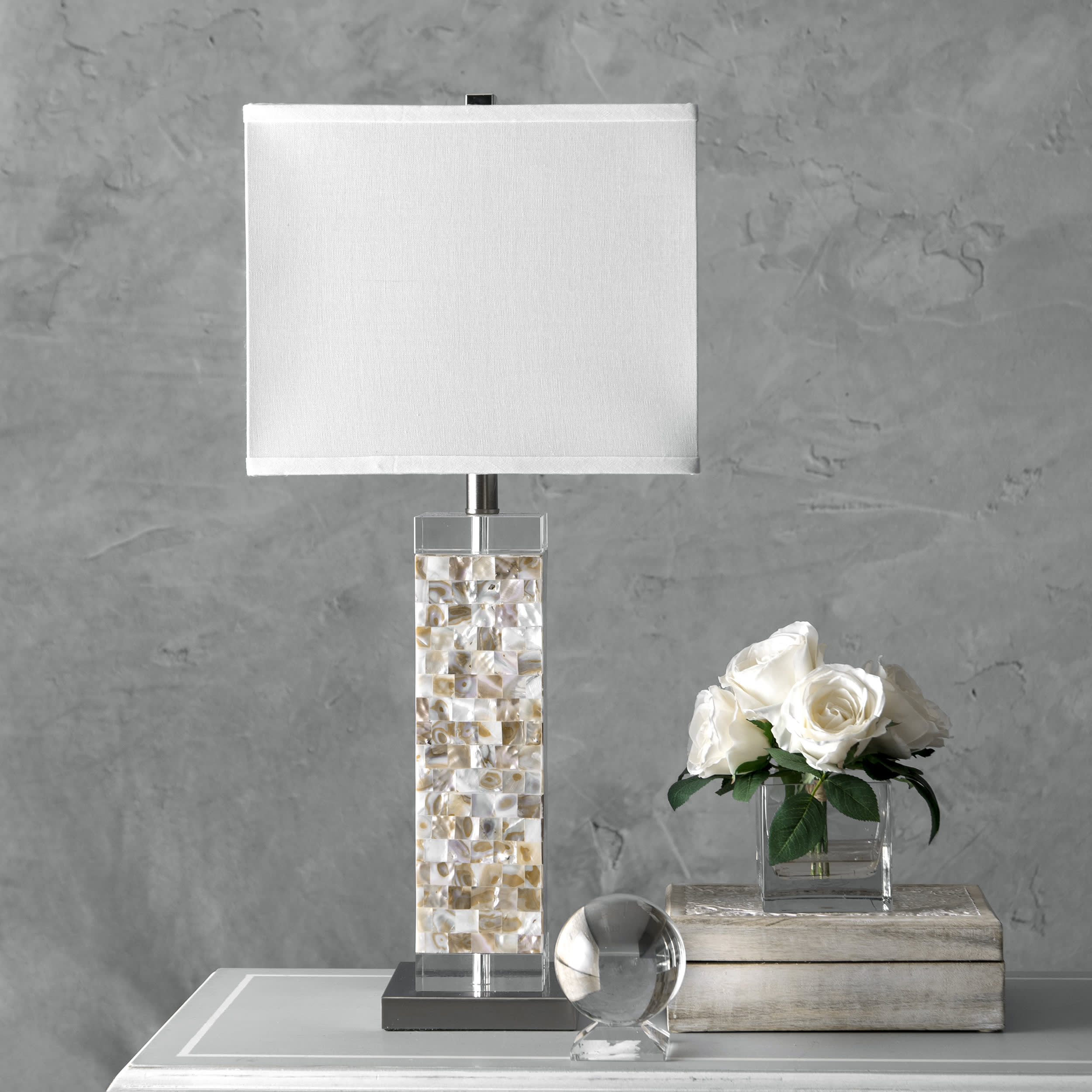29-inch Mosaic Shell Prism Table Lamp | Satin Nickel & White - Image 3