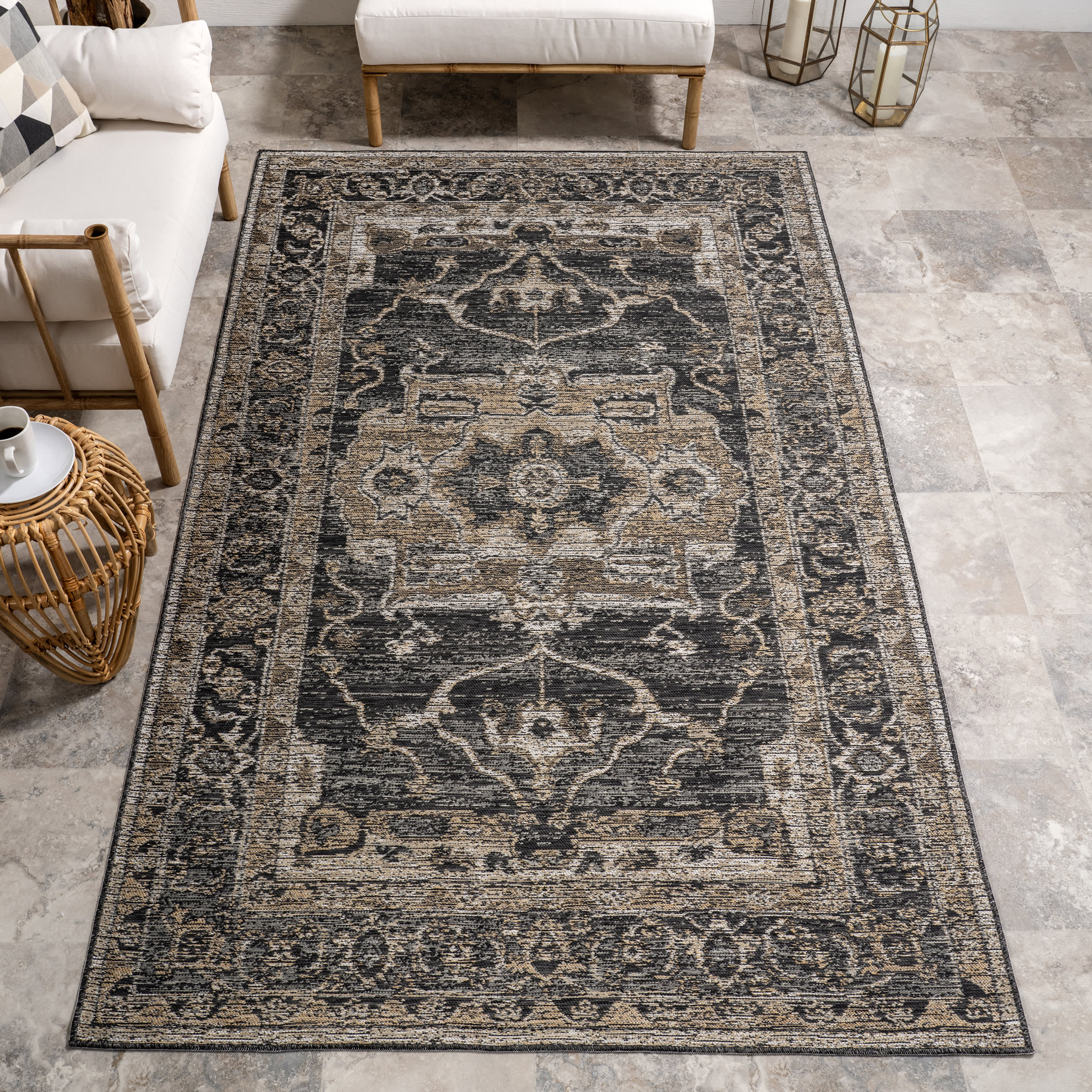Alivia Medallion Reversible Indoor/Outdoor Rug | Cream & Charcoal - Image 2