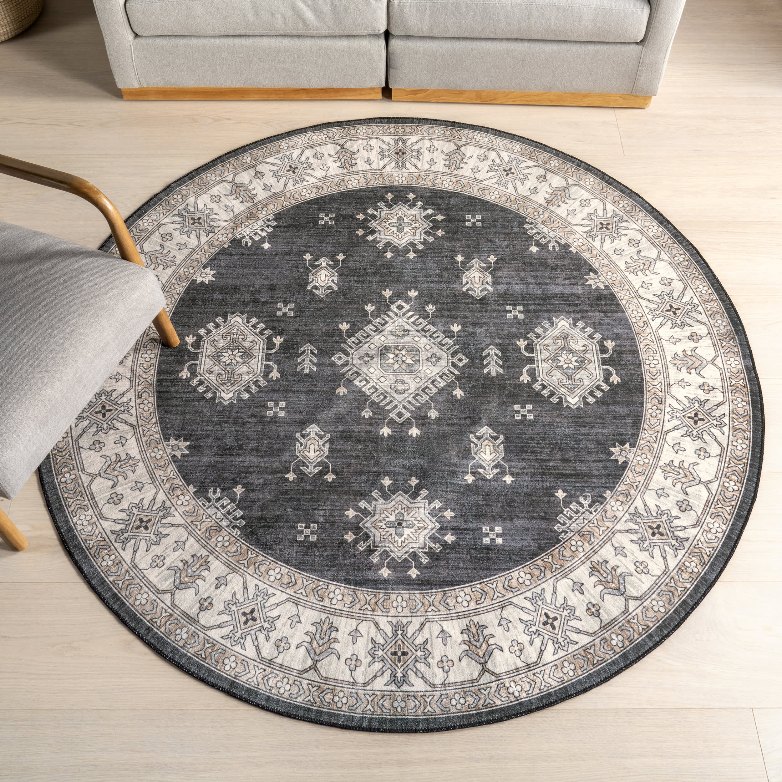 Andrea Bordered Washable Rug | Charcoal - Image 2