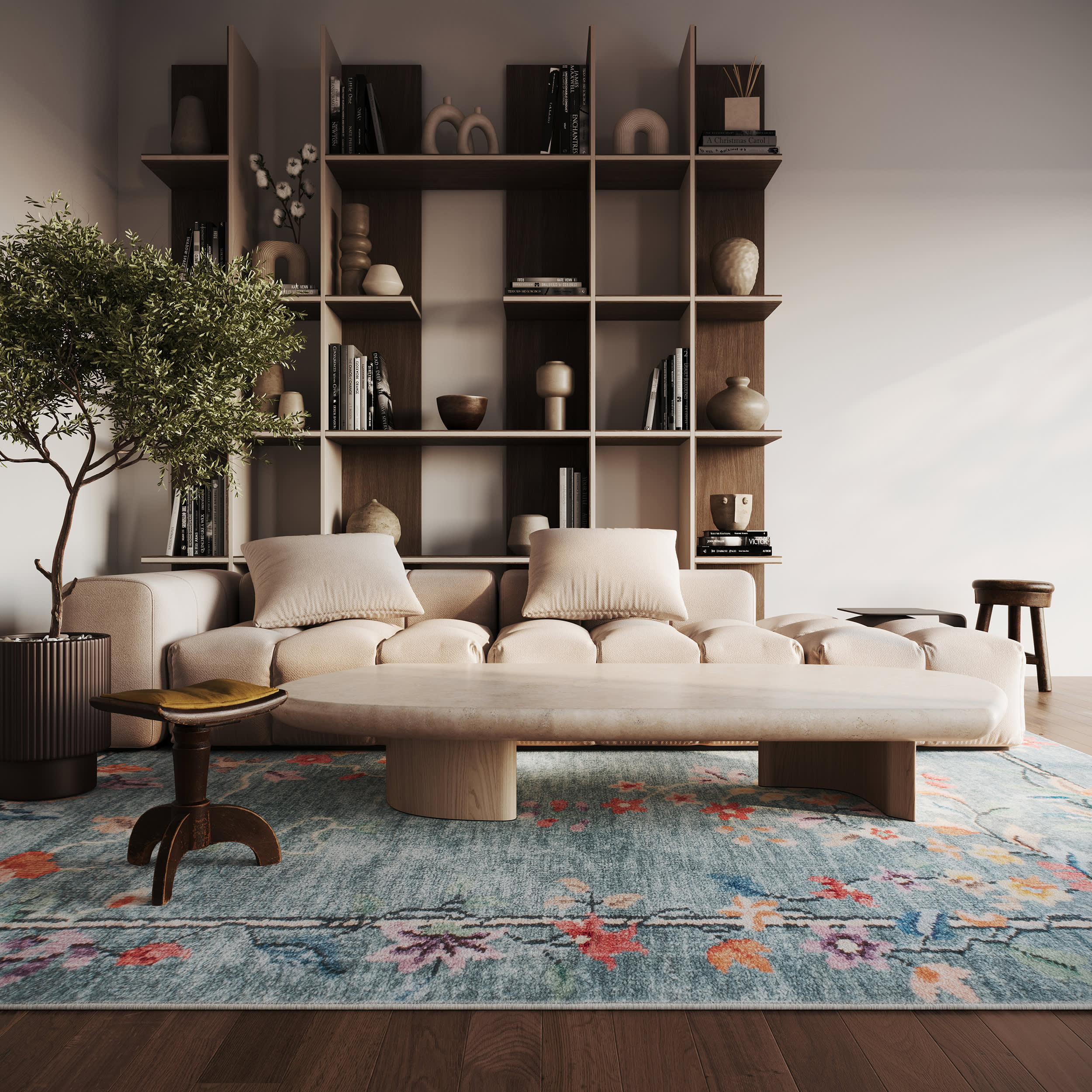 Azara Traditional Floral Washable Rug | Blue - Image 2