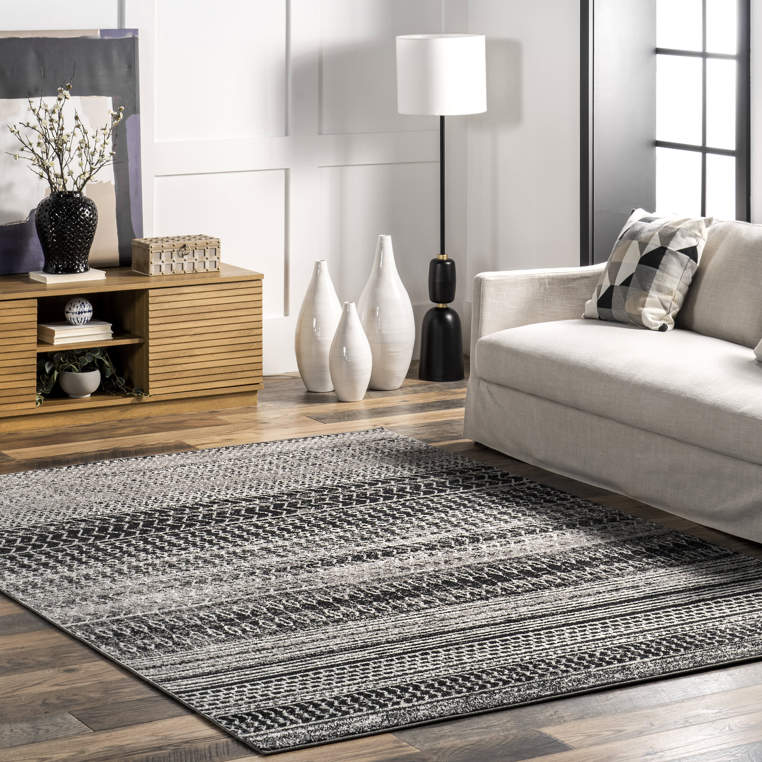 Banded Abacus And Stripes Rug | Dark Grey - Image 2