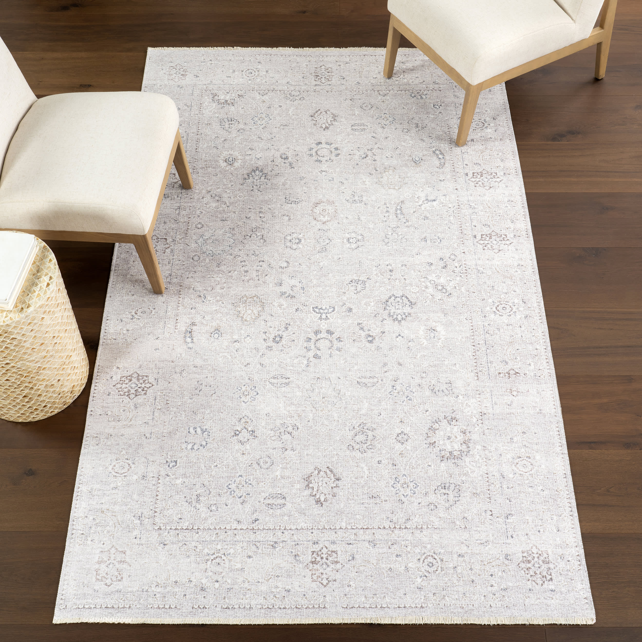 Bessie Fringed Vintage Medallion Washable Rug | Pink Beige - Image 2