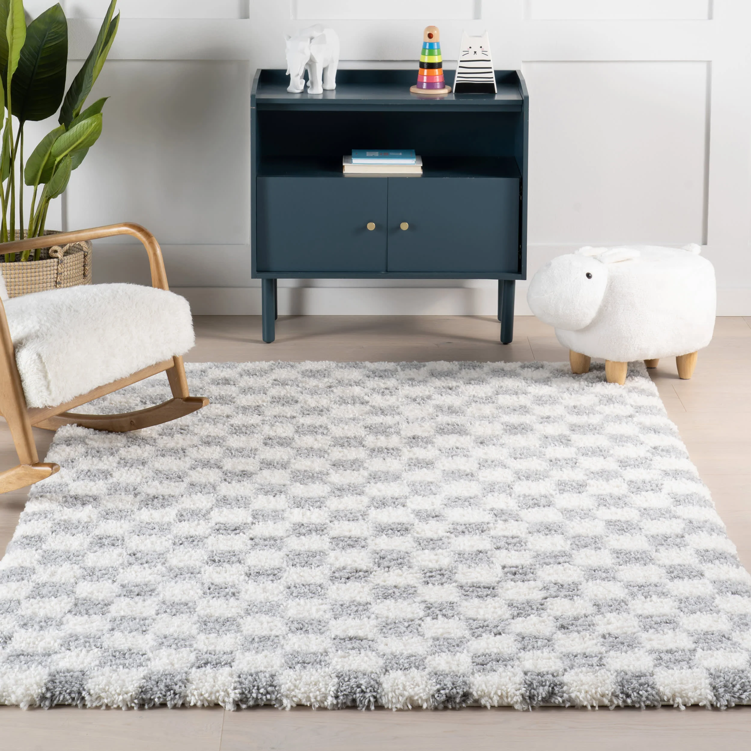 Bettie Retro Checkered Shag Rug | Light Grey - Image 5