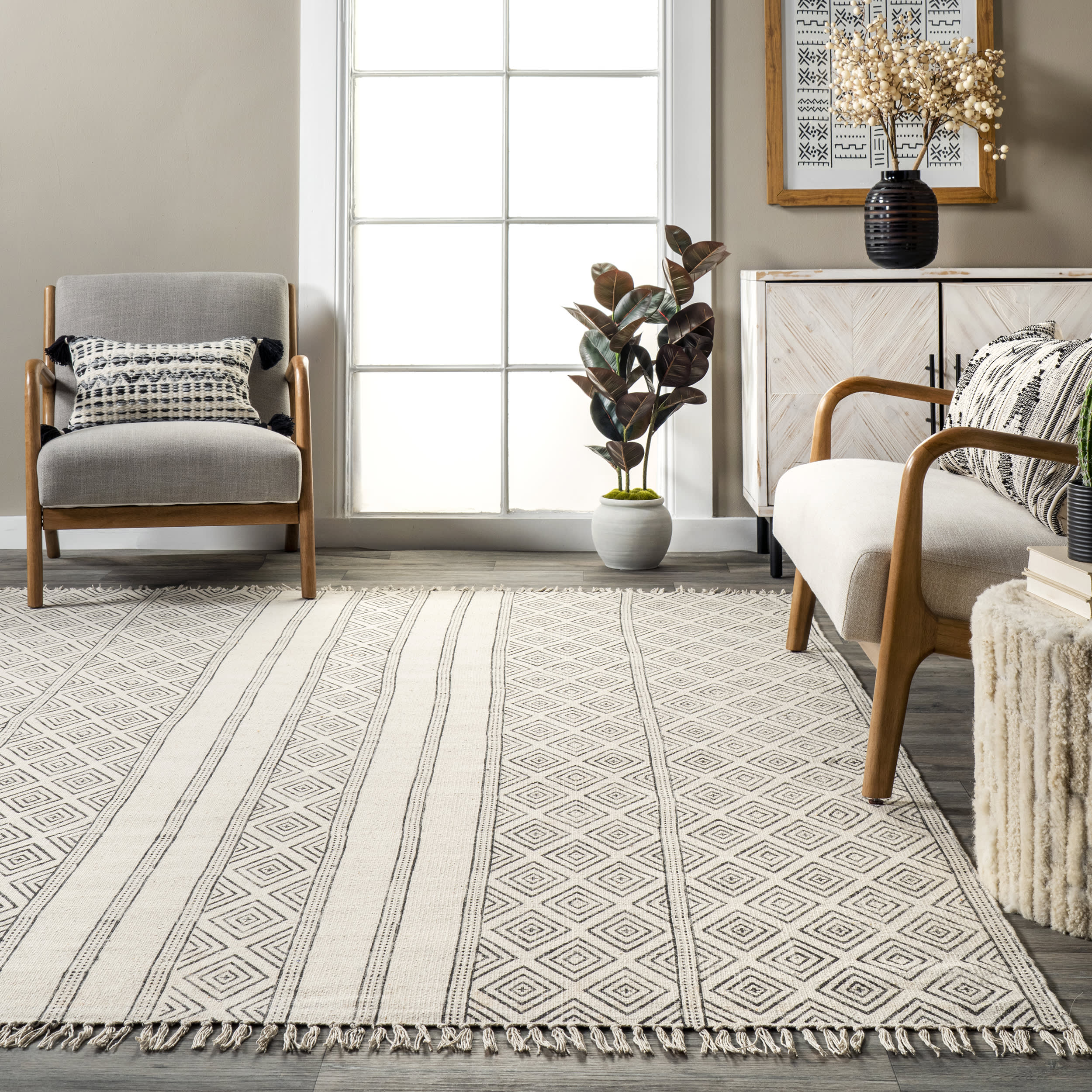 Block Printed Cotton Flatweave Concentric Diamonds Rug | Off White - Image 4