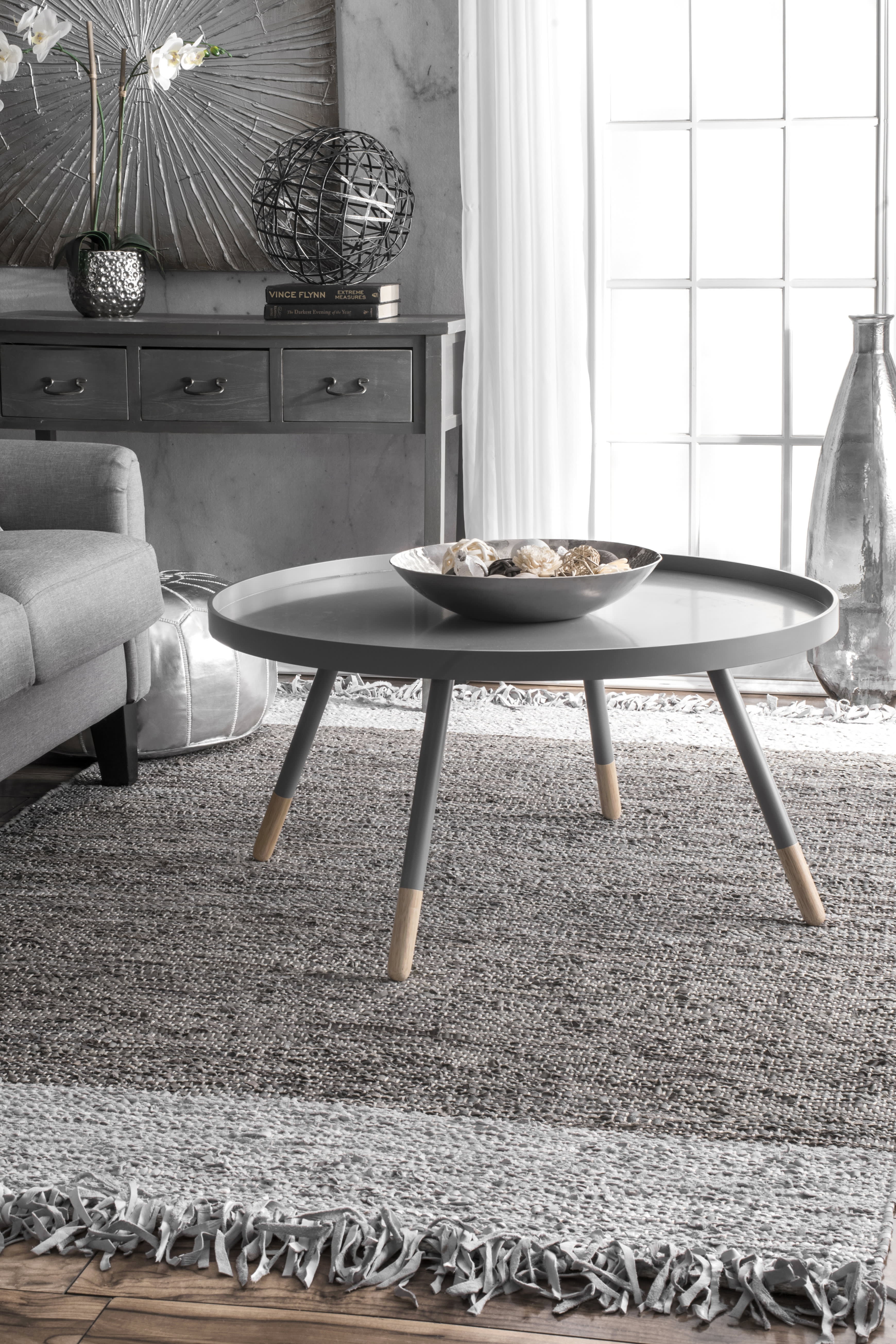 Bordered Leather Tassel Rug | Grey - Image 2