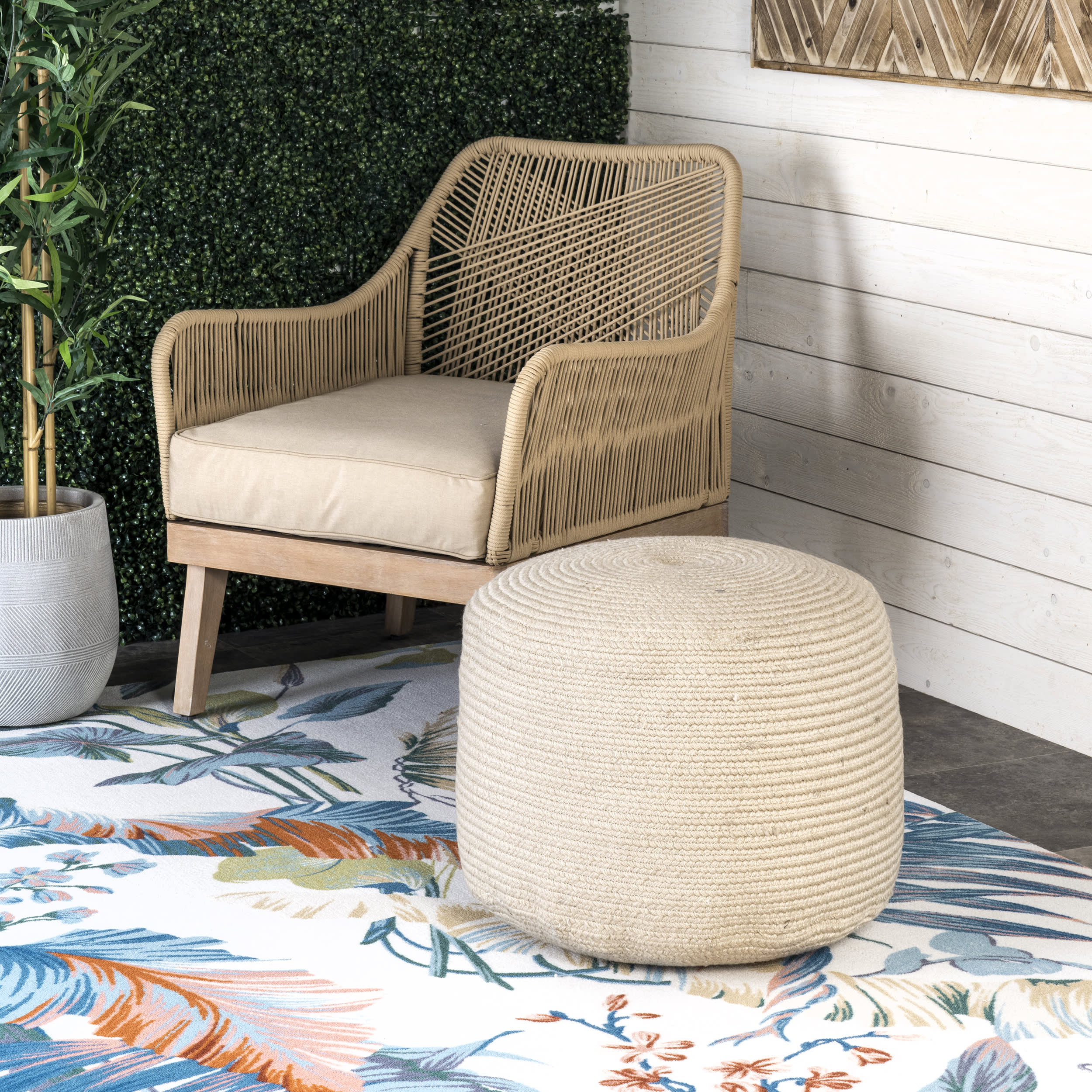 Braided Cable Indoor/Outdoor Pouf | Beige - Image 2