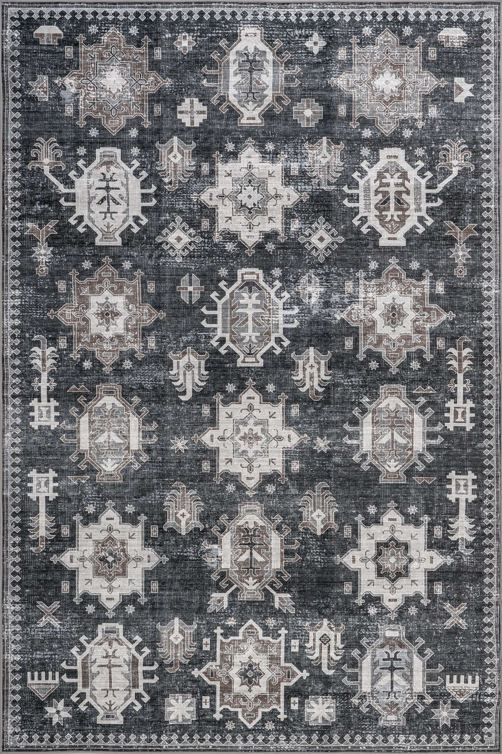Brenda Hazy Heraldry Spill Proof Washable Rug | Dark Grey