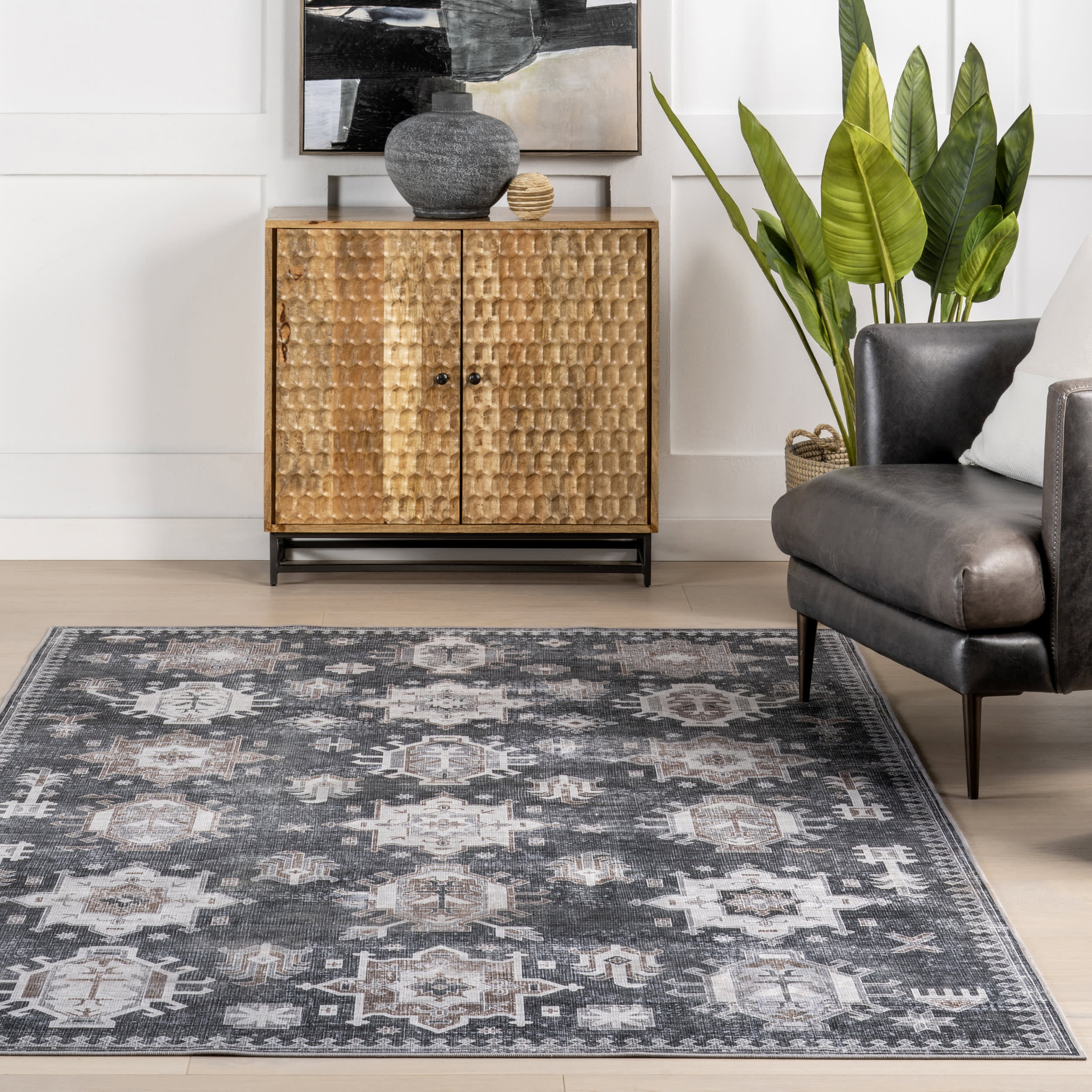 Brenda Hazy Heraldry Spill Proof Washable Rug | Dark Grey - Image 5