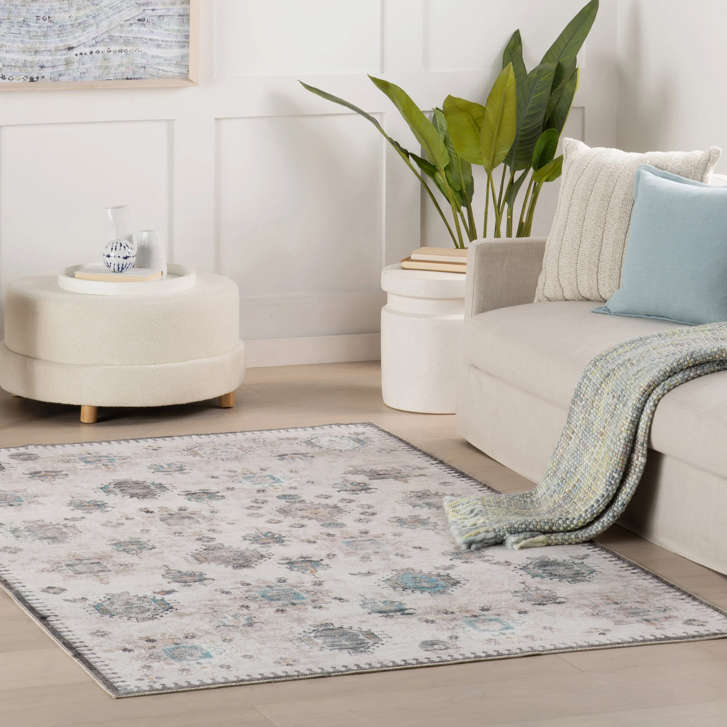 Brenda Hazy Heraldry Spill Proof Washable Rug | Ivory - Image 2