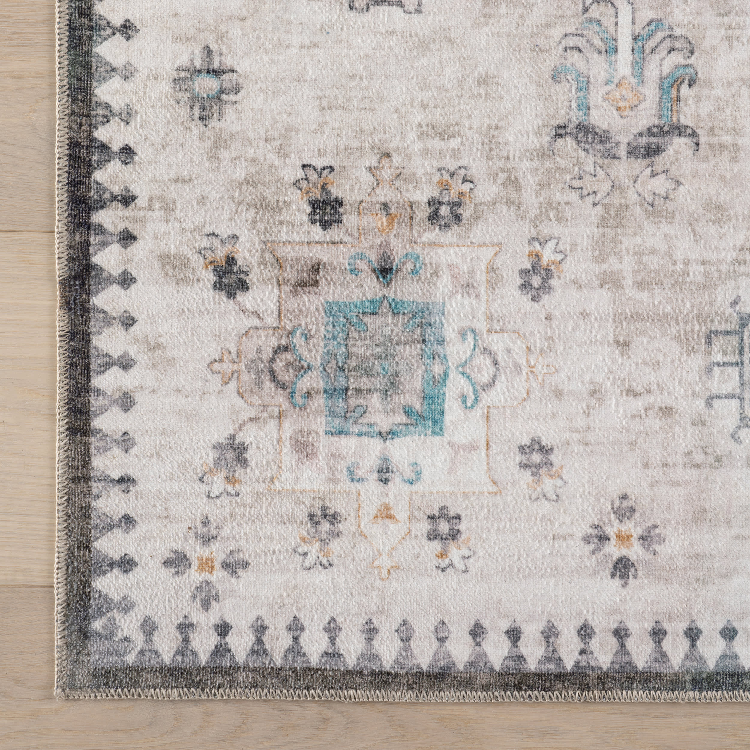 Brenda Hazy Heraldry Spill Proof Washable Rug | Ivory - Image 4