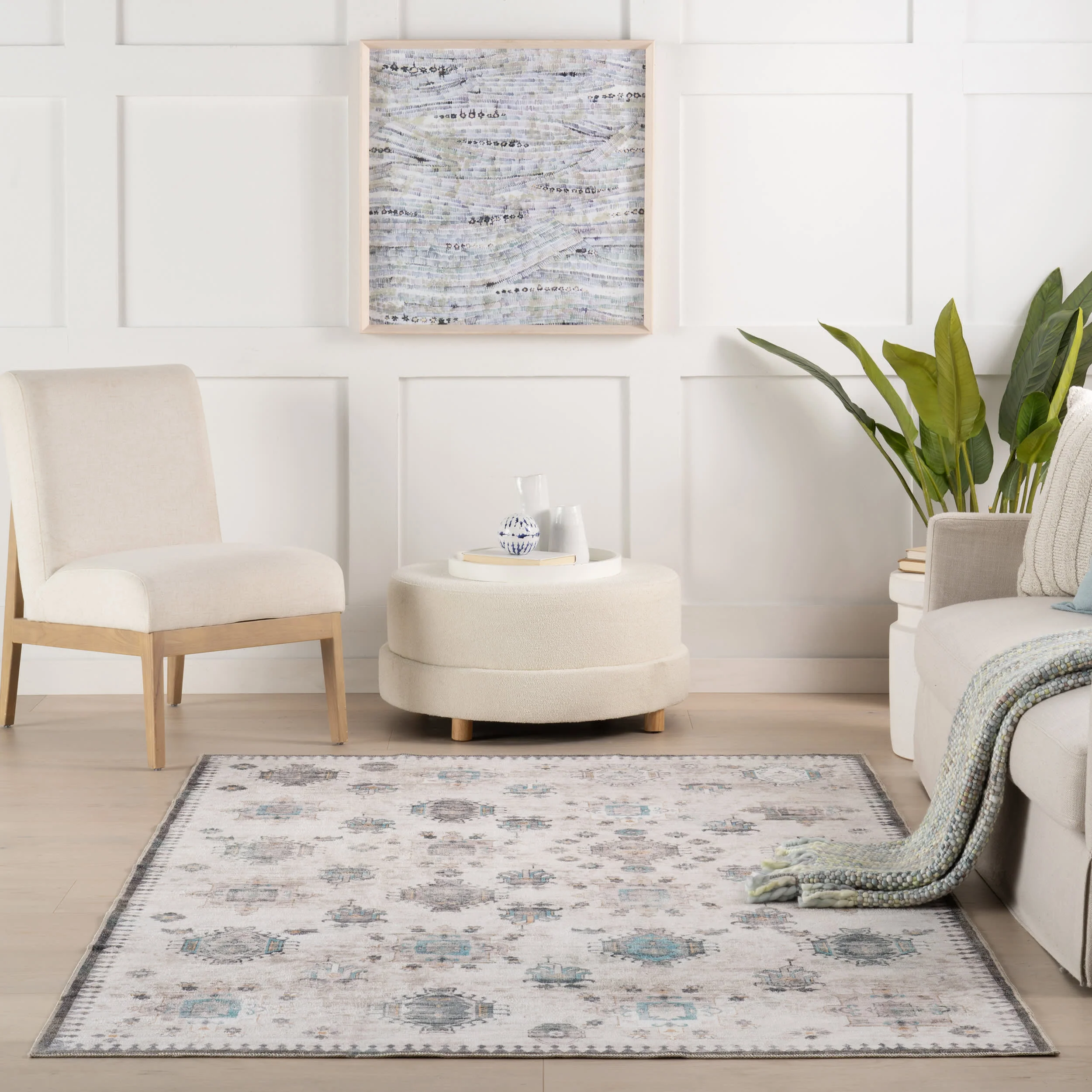 Brenda Hazy Heraldry Spill Proof Washable Rug | Ivory - Image 5
