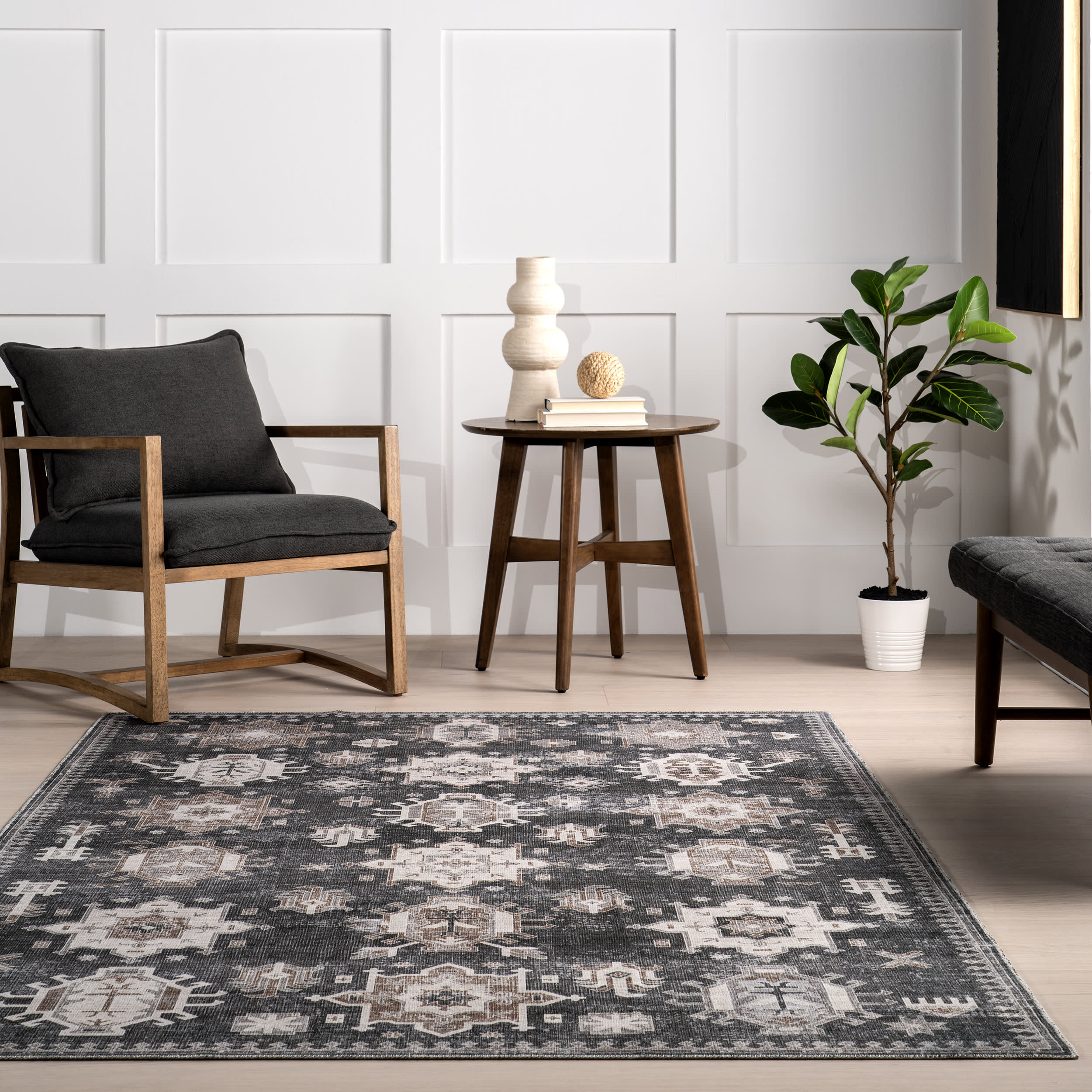 Brenda Hazy Heraldry Washable Rug | Dark Grey - Image 4