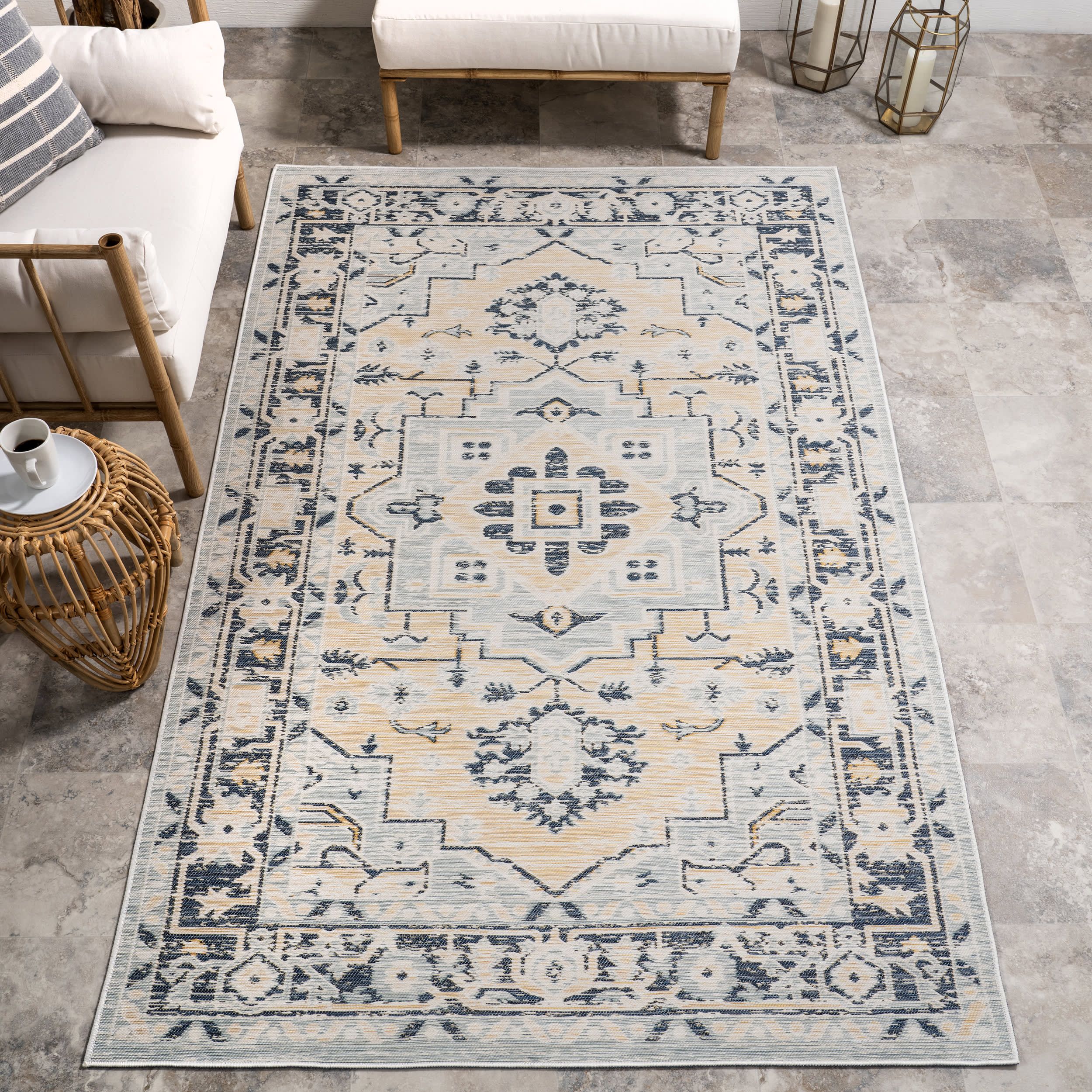 Brynlee Medallion Reversible Indoor/Outdoor Rug | Cream & Blue - Image 11
