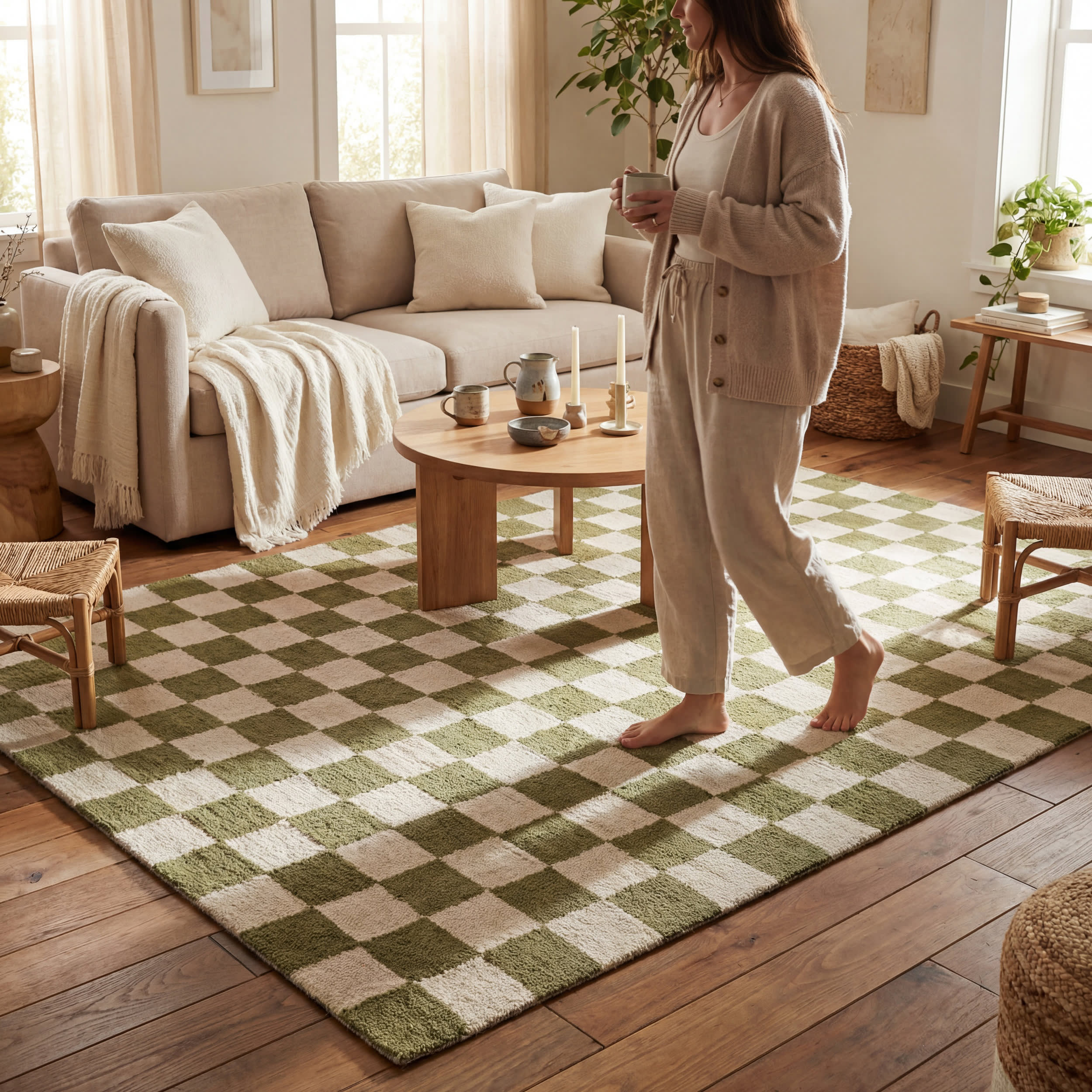 Calina Modern Checkered Indoor Wool Rug | Green - Image 9