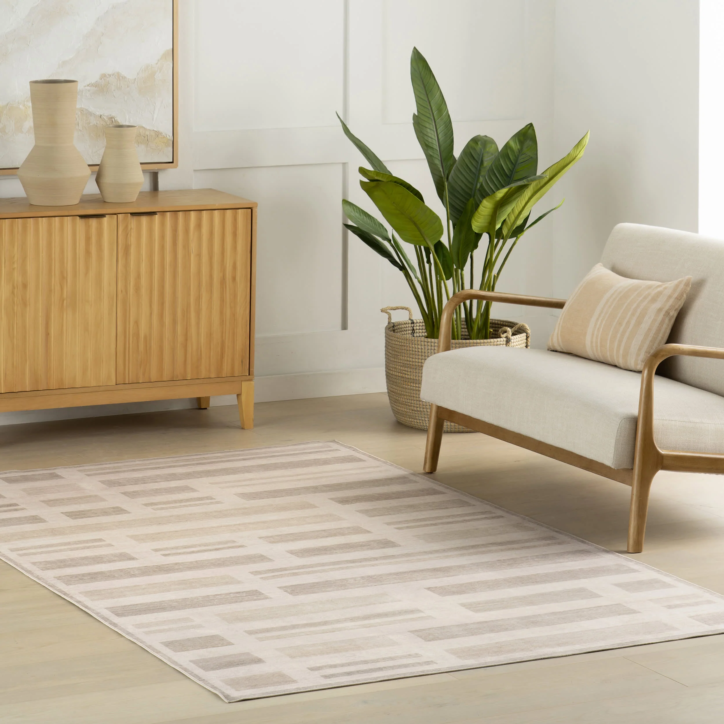 Carisse Striped Washable Rug | Beige - Image 2
