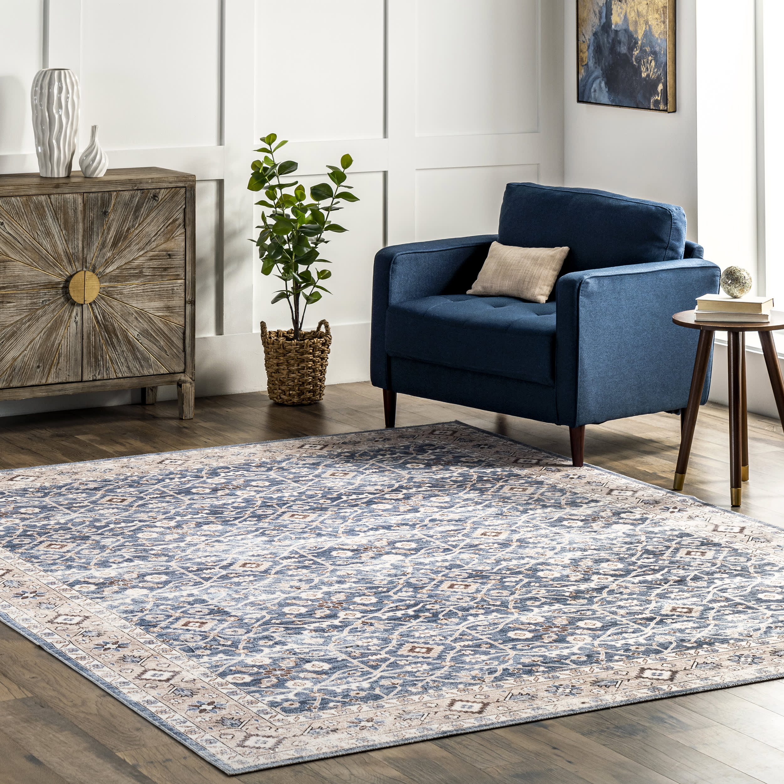 Cassie Vintage Tracery Washable Rug | Blue - Image 2