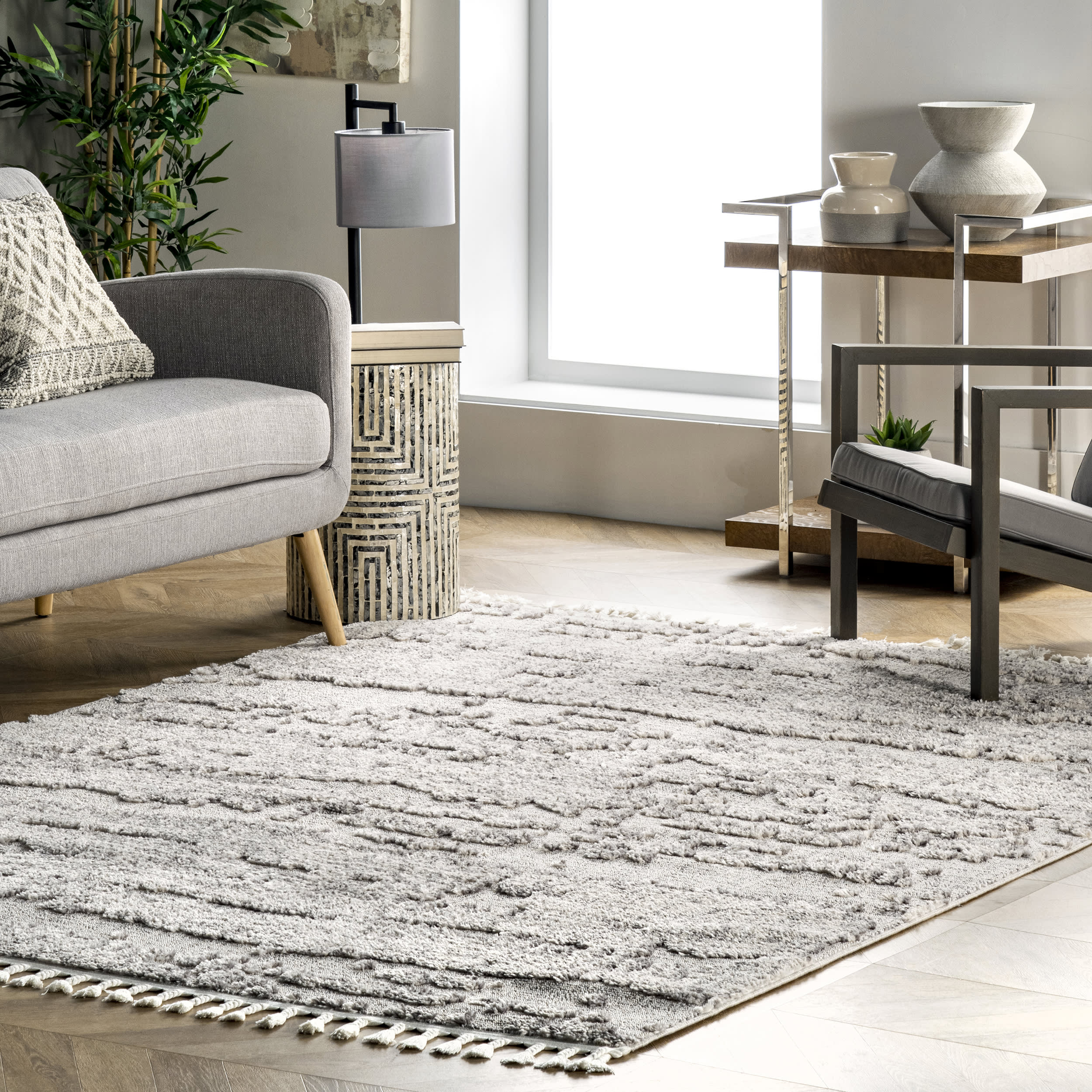 Cloudy Abstract Tasseled Rug | Grey - Image 2