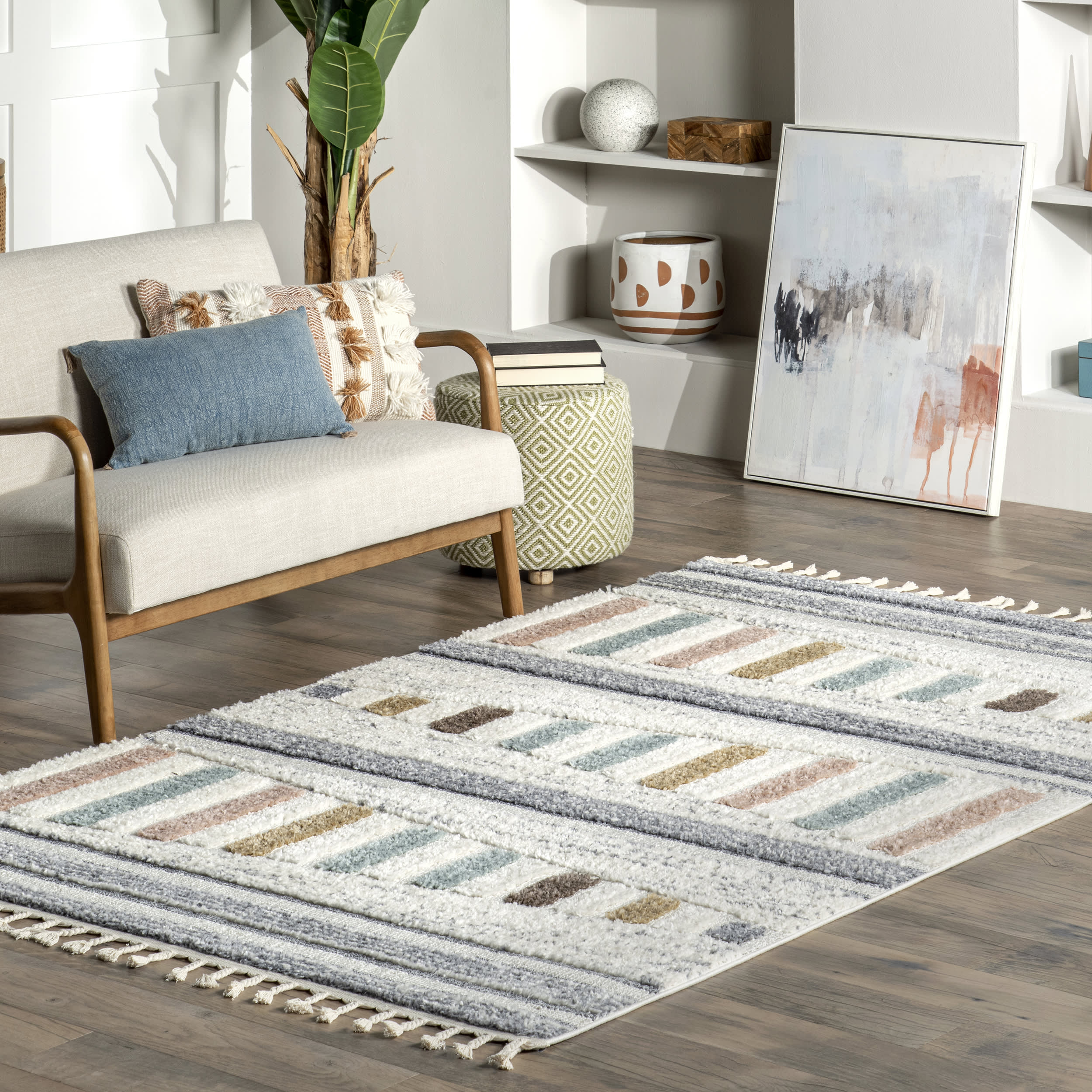 Cordelia Striped Bars Kids Rug | Beige - Image 2