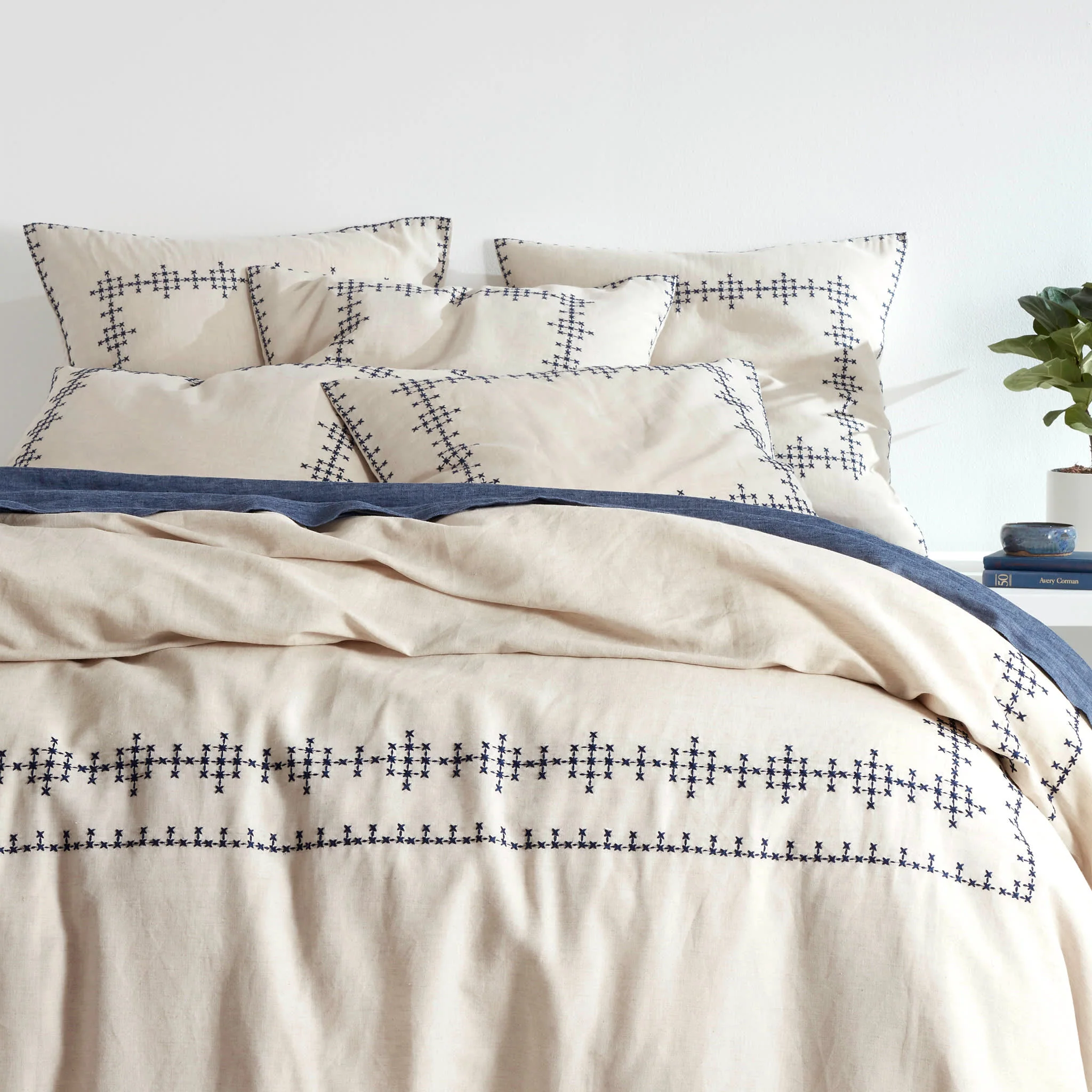 Cross-Stitch Linen Duvet Cover | Navy
