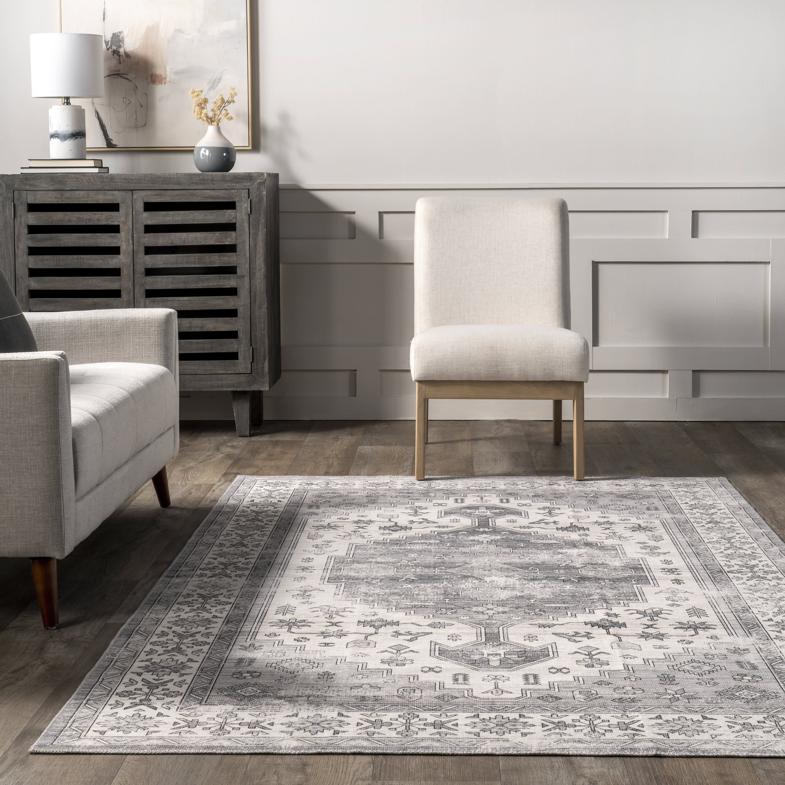 Daisy Washable Persian Rug | Dark Grey - Image 4