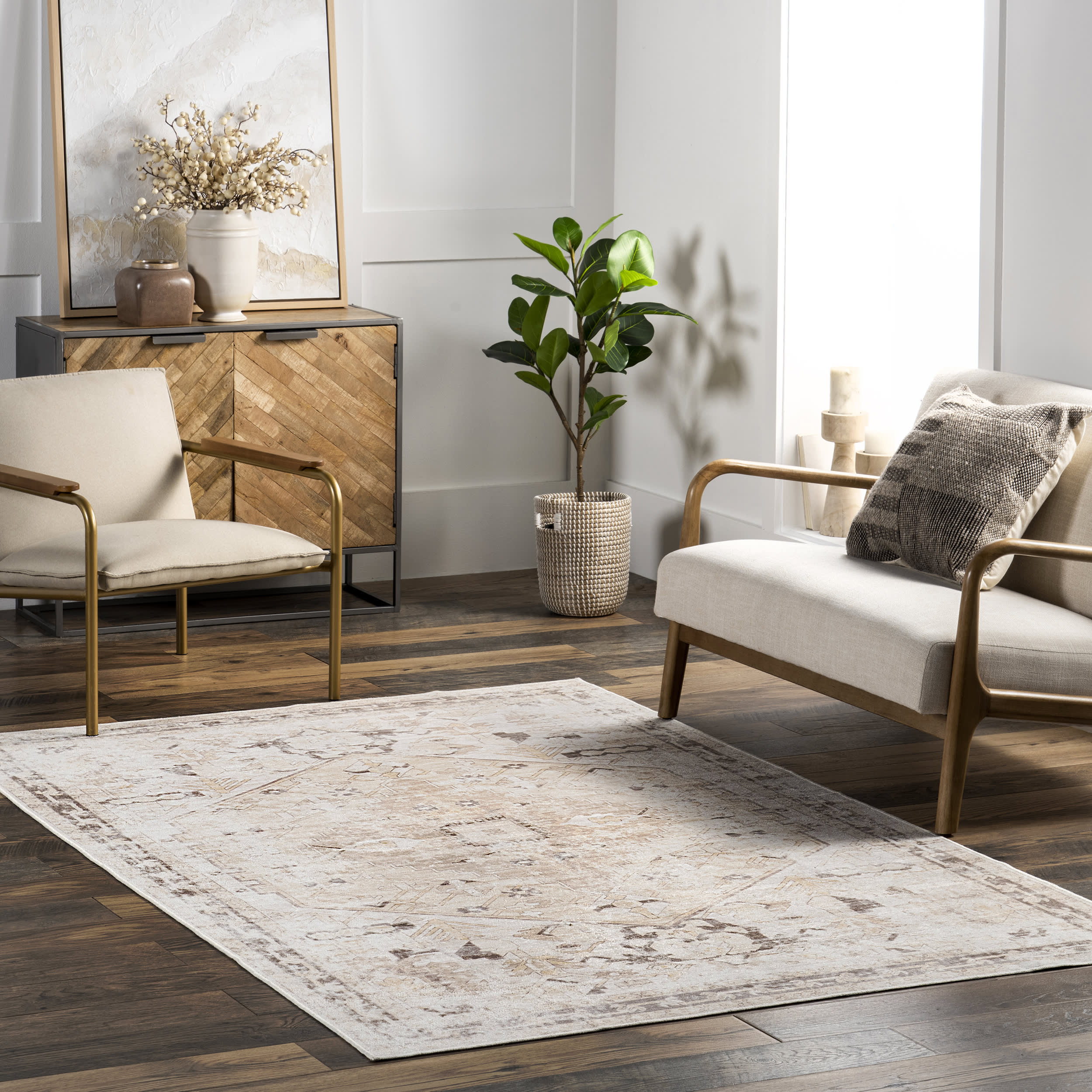Davie Medallion Washable Rug | Beige - Image 2