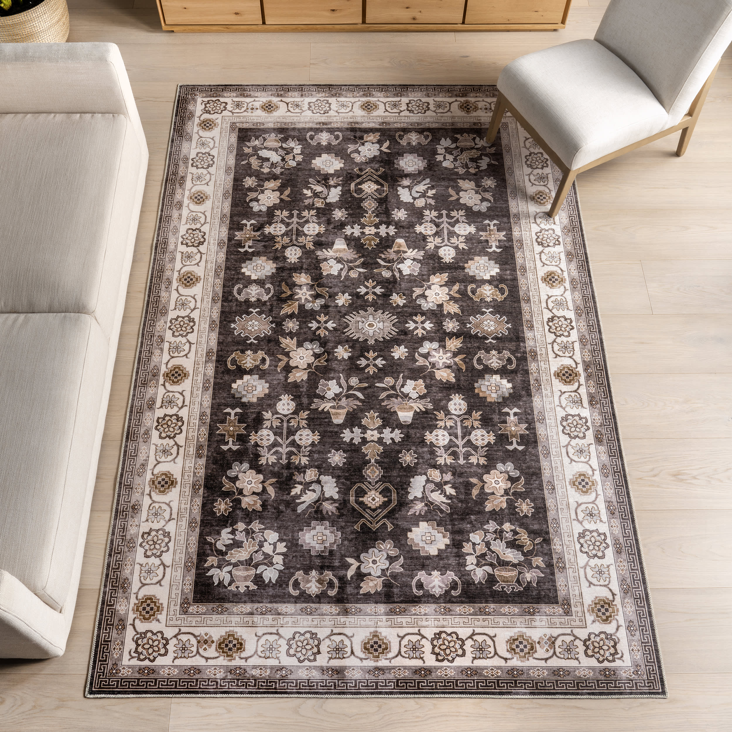 Dayflower Vintage Spill Proof Washable Rug | Brown - Image 2