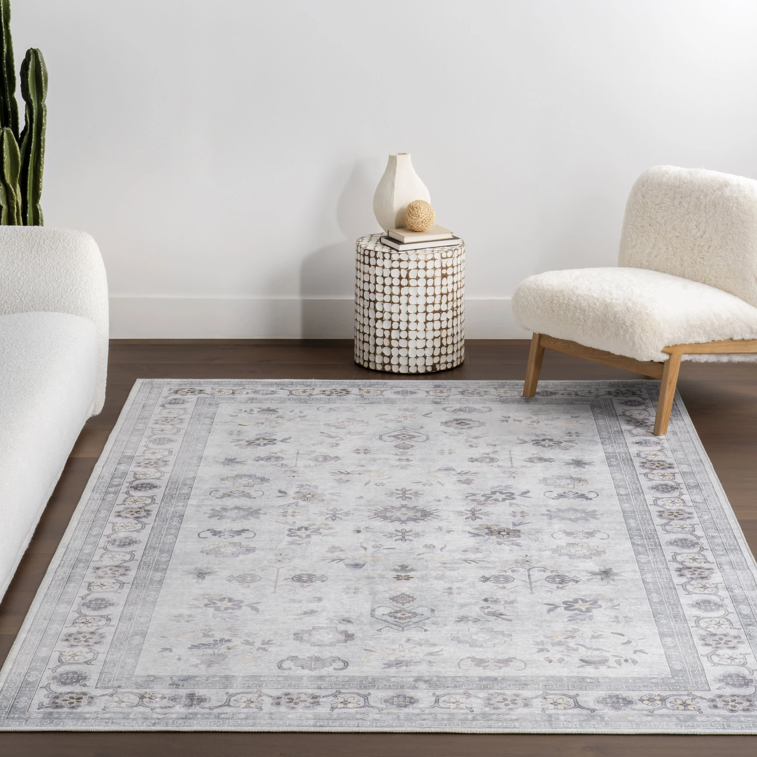 Dayflower Vintage Spill Proof Washable Rug | Light Grey - Image 5