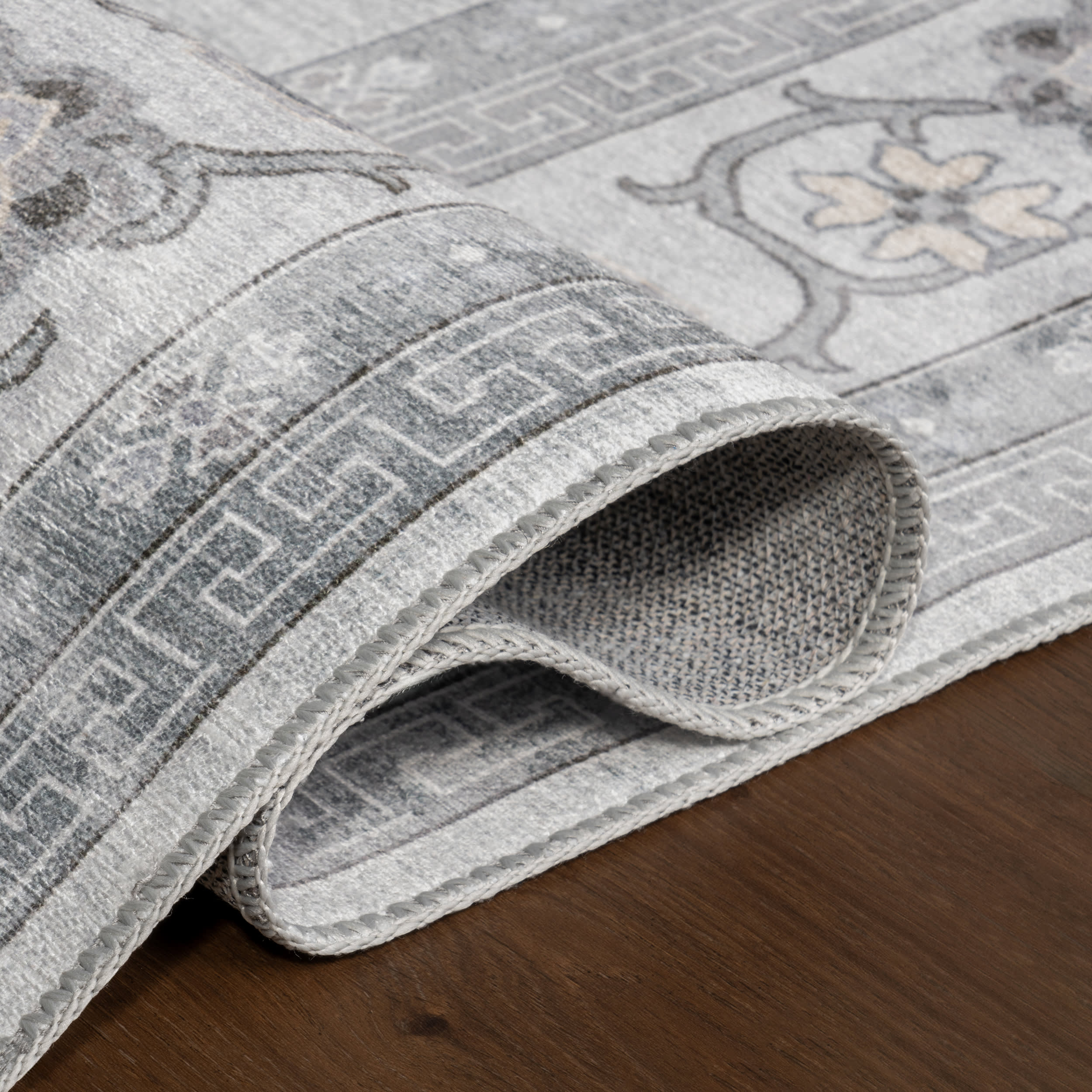 Dayflower Vintage Spill Proof Washable Rug | Light Grey - Image 9