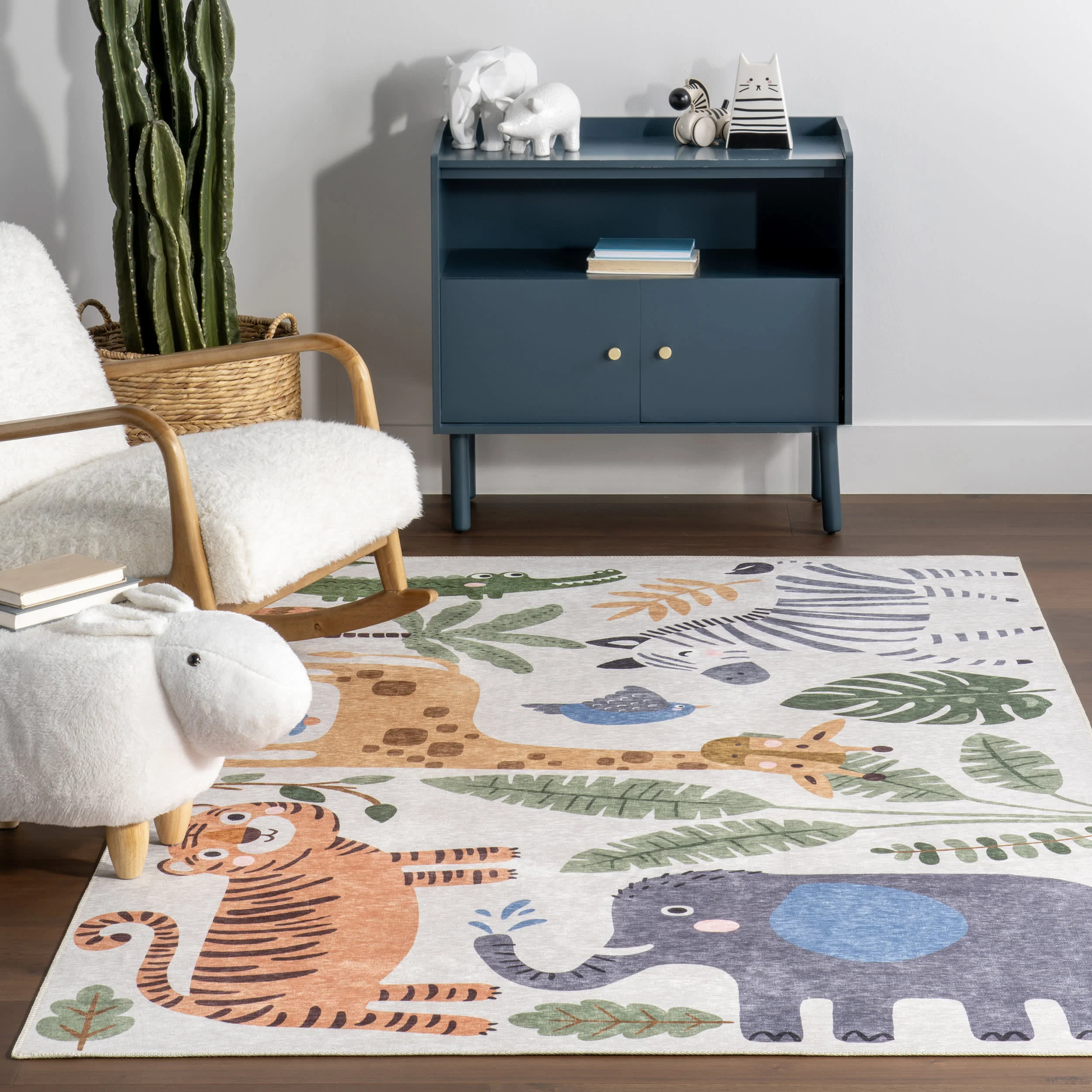 Debra Kids Spill Proof Washable Jungle Friends Rug | White Multicolor - Image 5