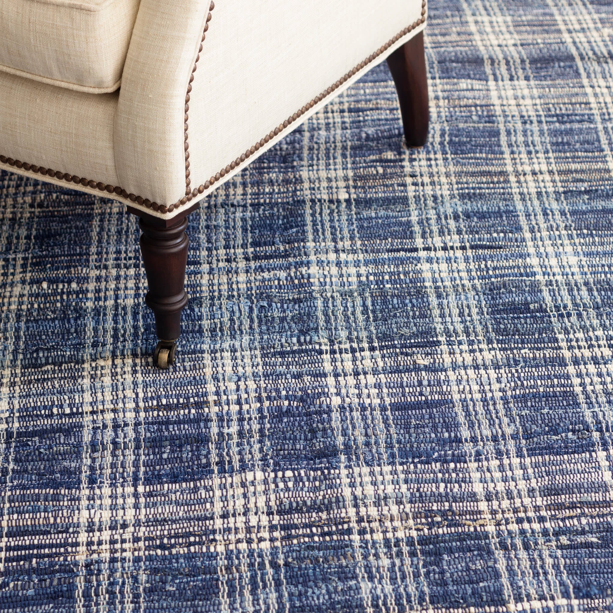 Denim Plaid Handwoven Cotton Rug | Blue - Image 3