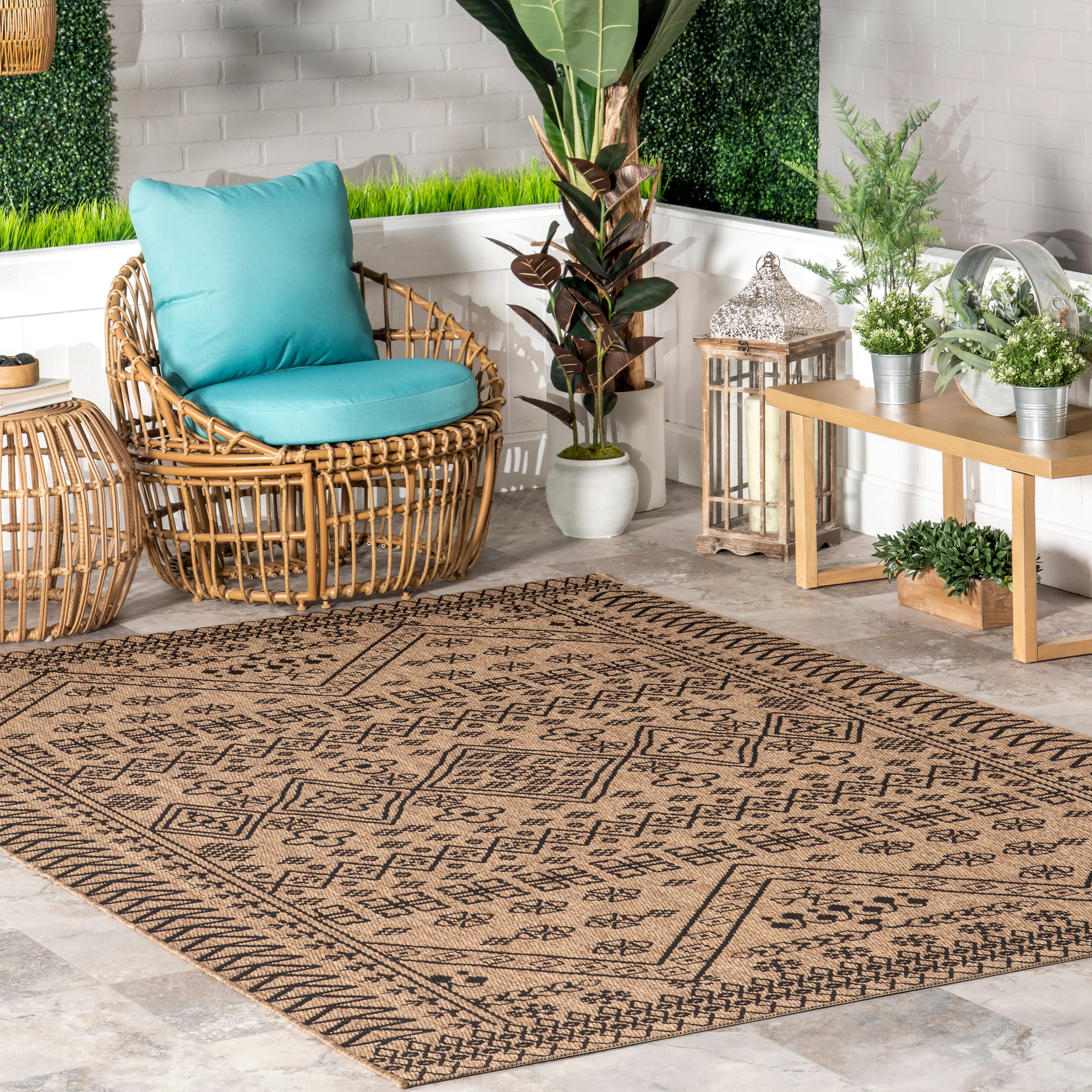 Diamond Bordered Indoor/Outdoor Rug | Brown - Image 2
