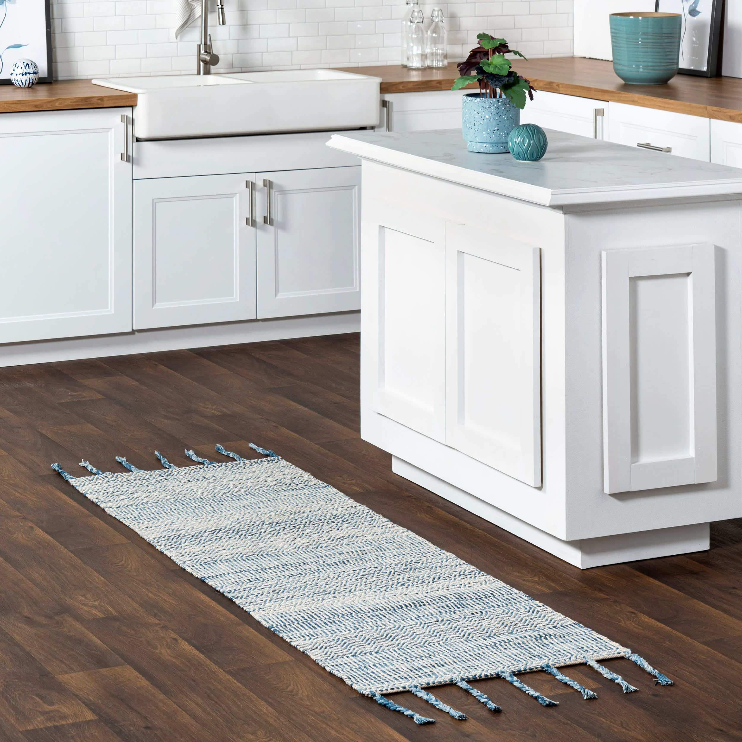 Diamond Chevron Bands Tasseled Rug | Blue - Image 2