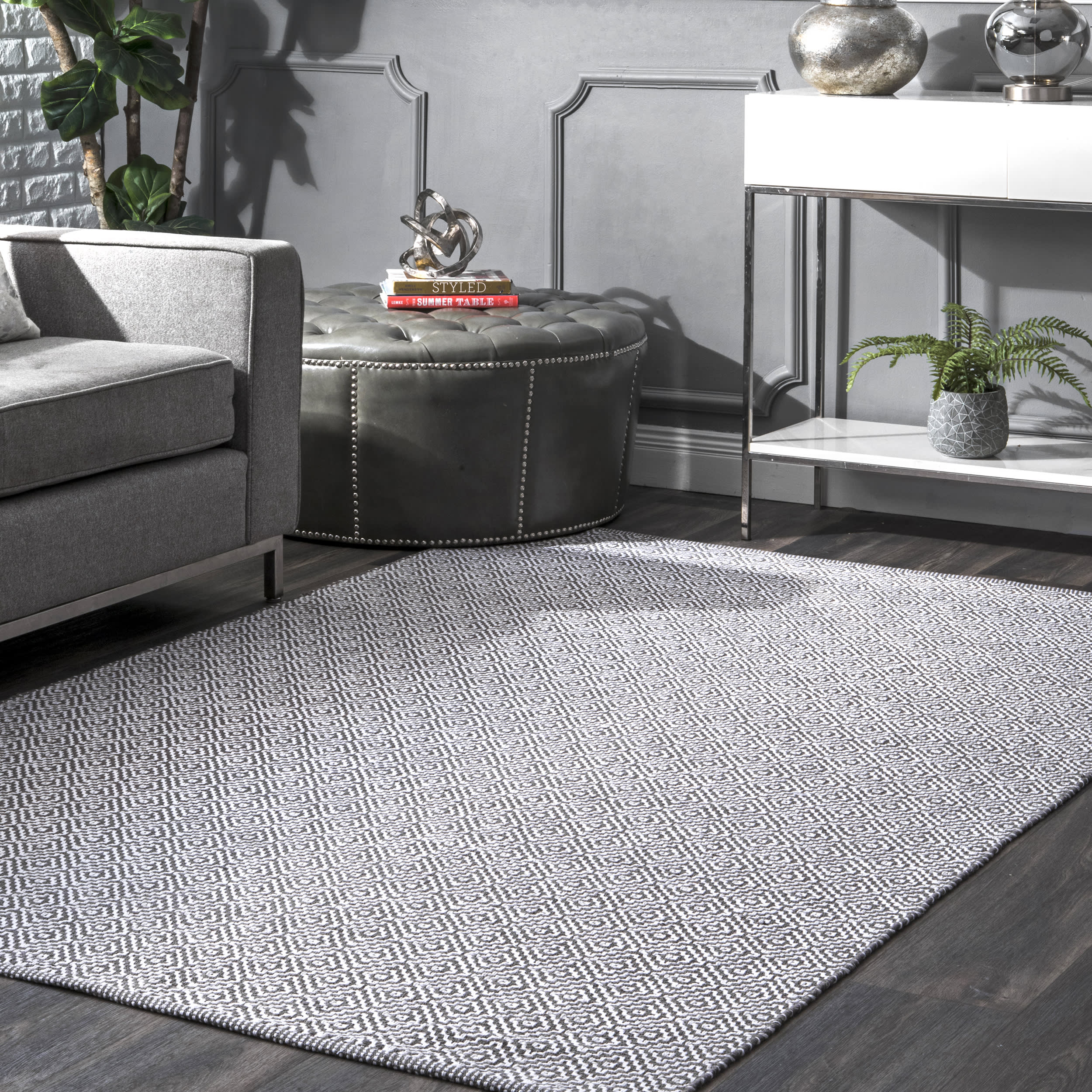 Diamond Cotton Check Flatwoven Rug | Grey - Image 2