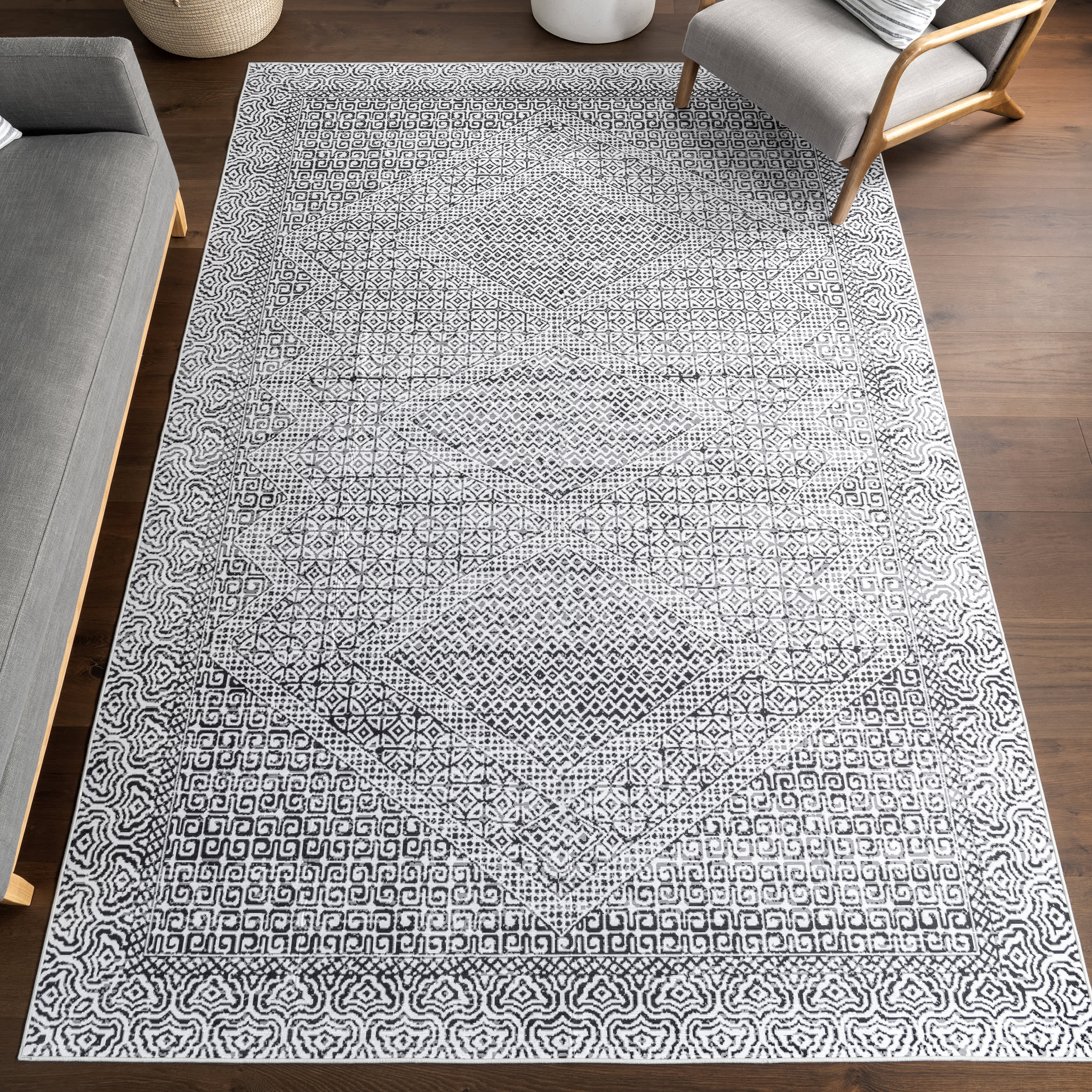Diamond Mosaic Spill Proof Washable Rug | Grey - Image 2