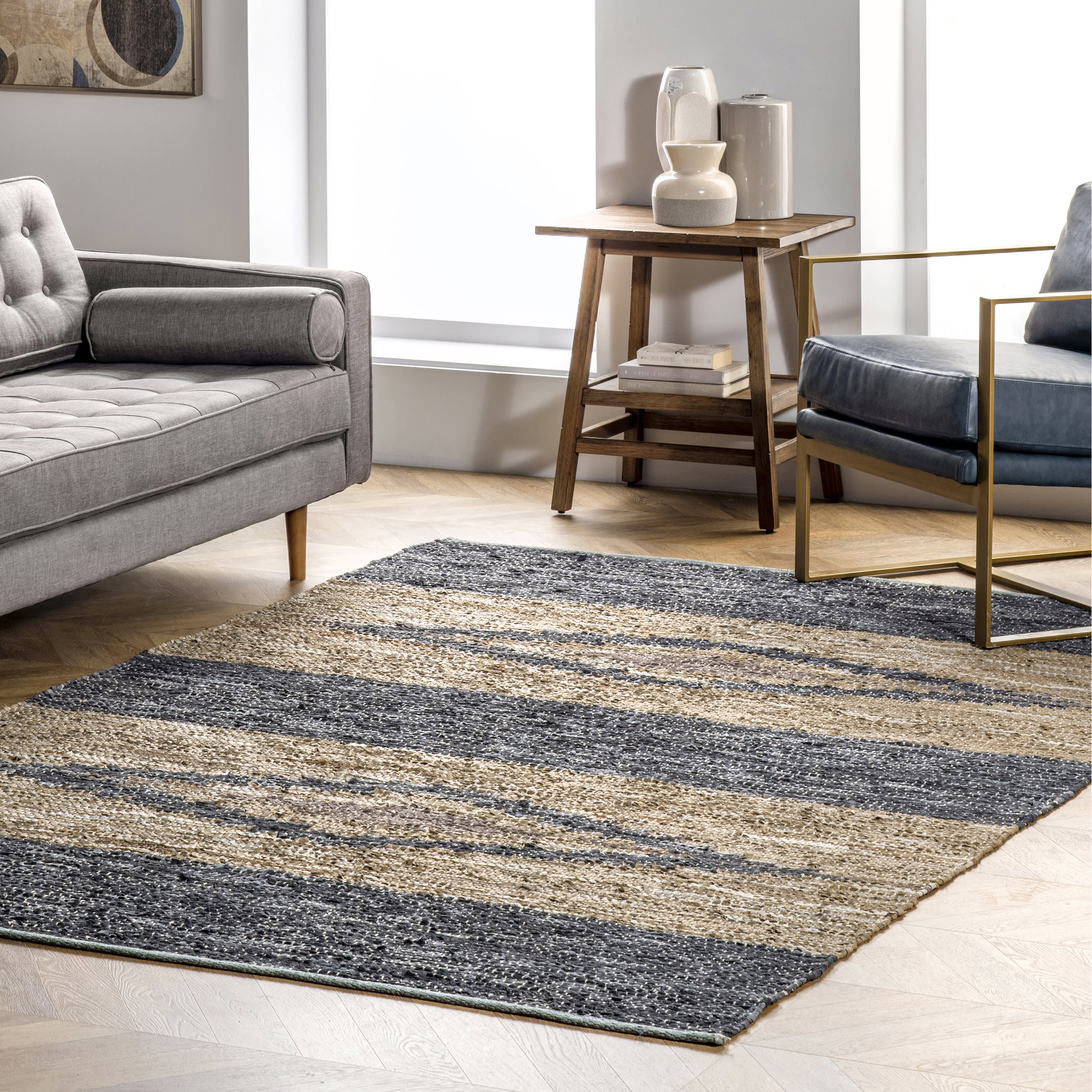 Diamond Panel Leather Rug | Grey - Image 2
