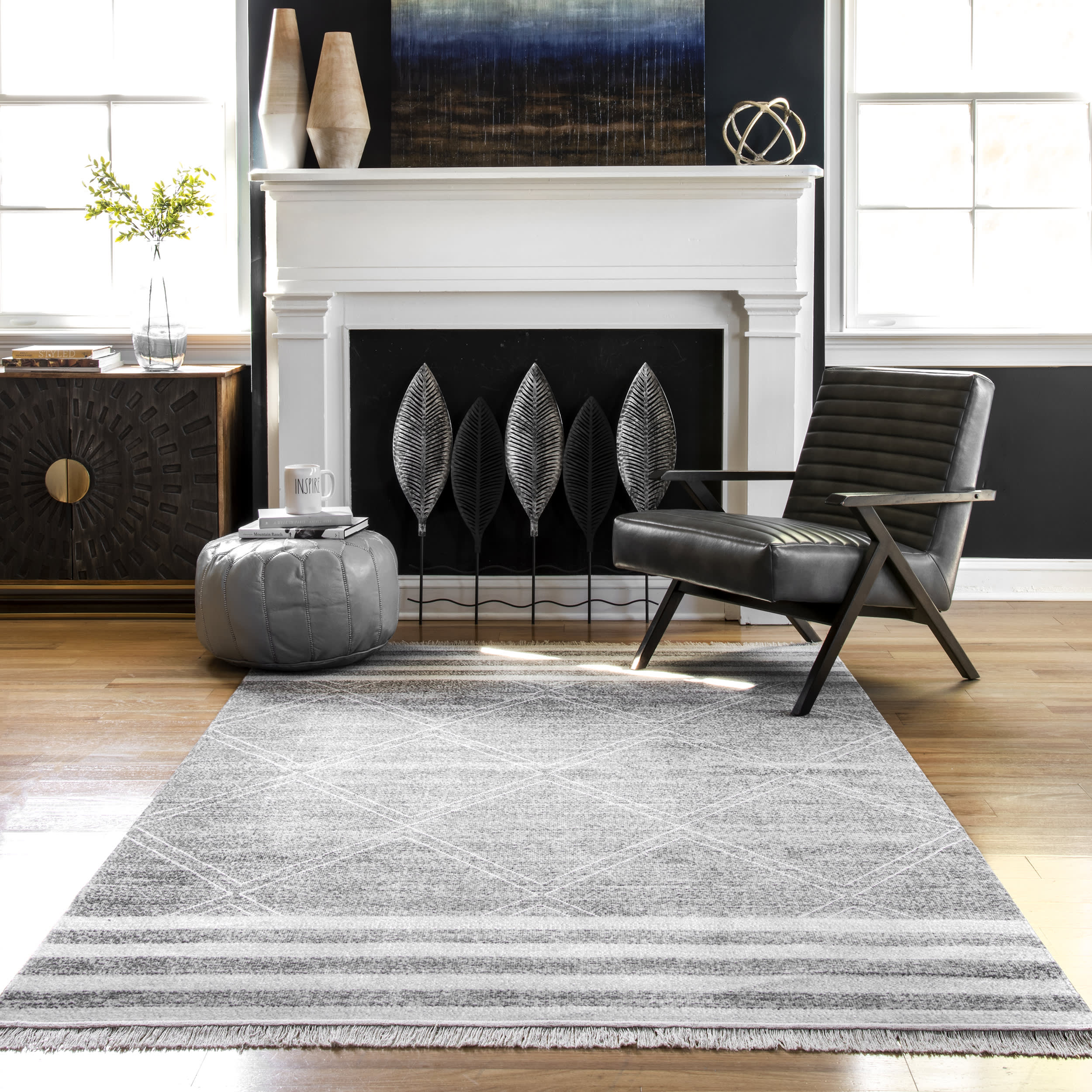 Diamonds And Stripes Fringe Indoor/Outdoor Rug | Grey - Image 2