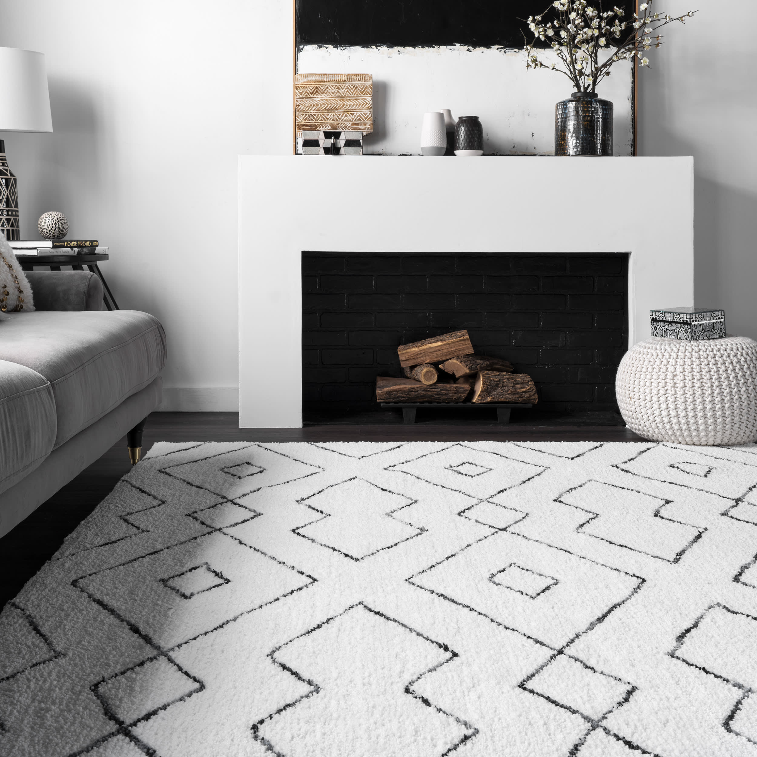 Double Diamond Lattice Shag Rug | White - Image 4