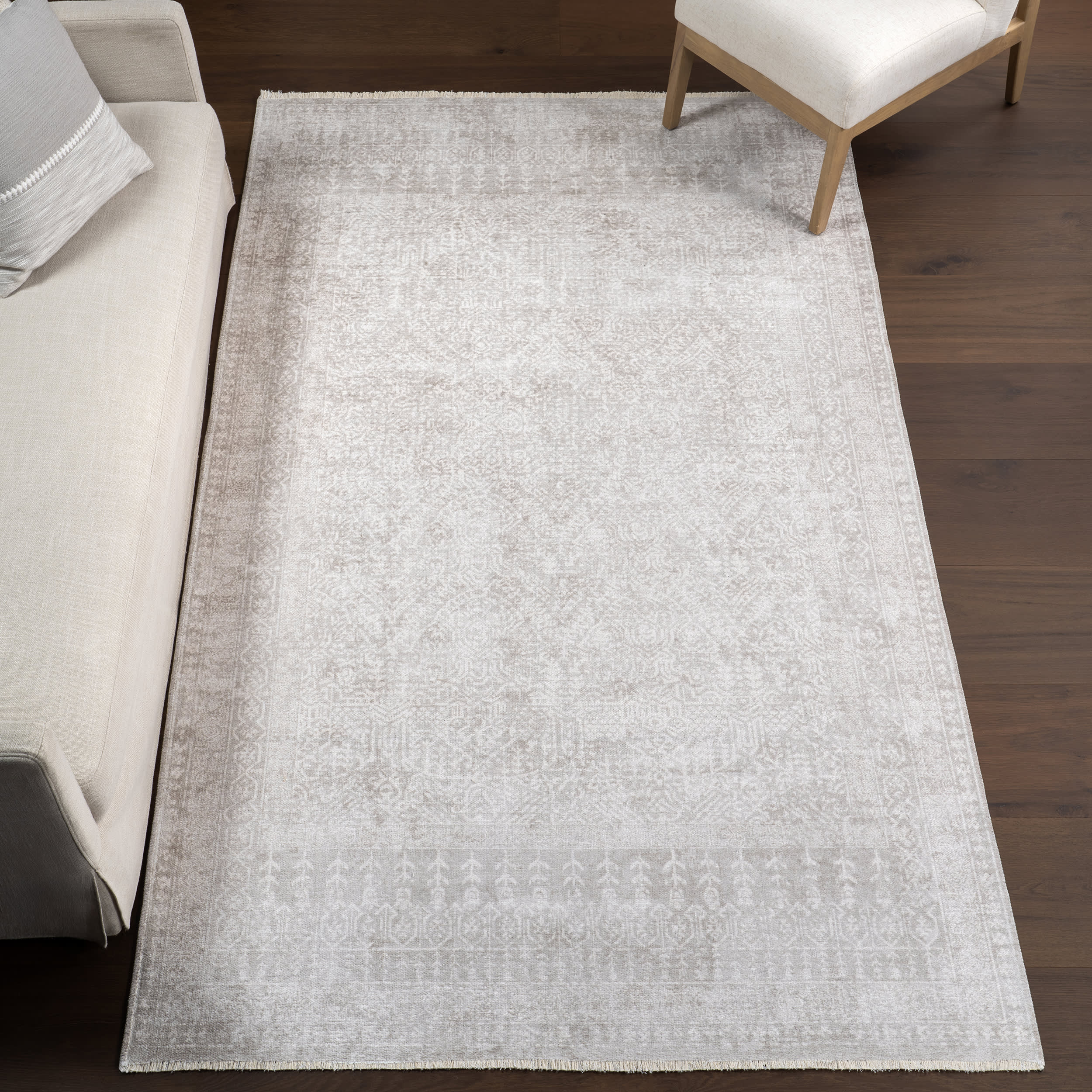 Edna Fringed Vintage Medallion Washable Rug | Light Grey - Image 2