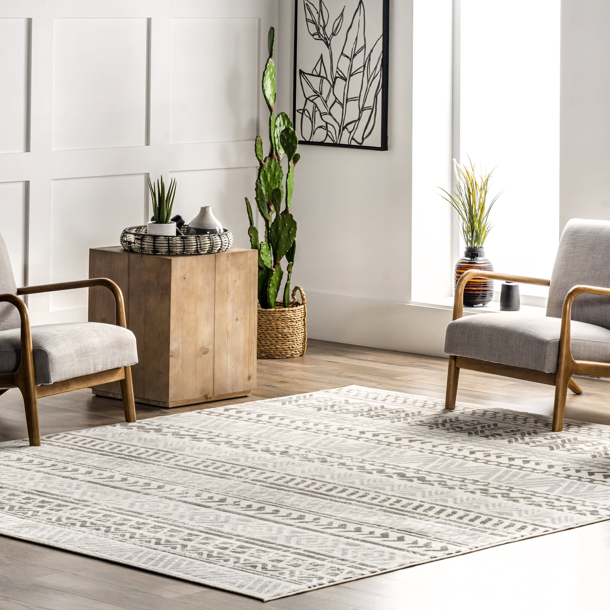 Emma Banded Geometric Rug | Light Grey - Image 2