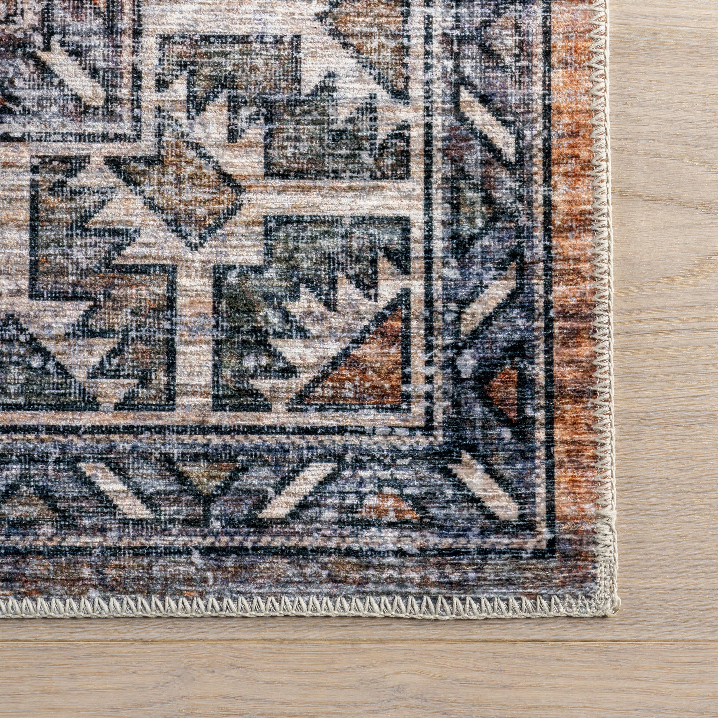 Faded Geometric Spill Proof Washable Rug | Rust - Image 4