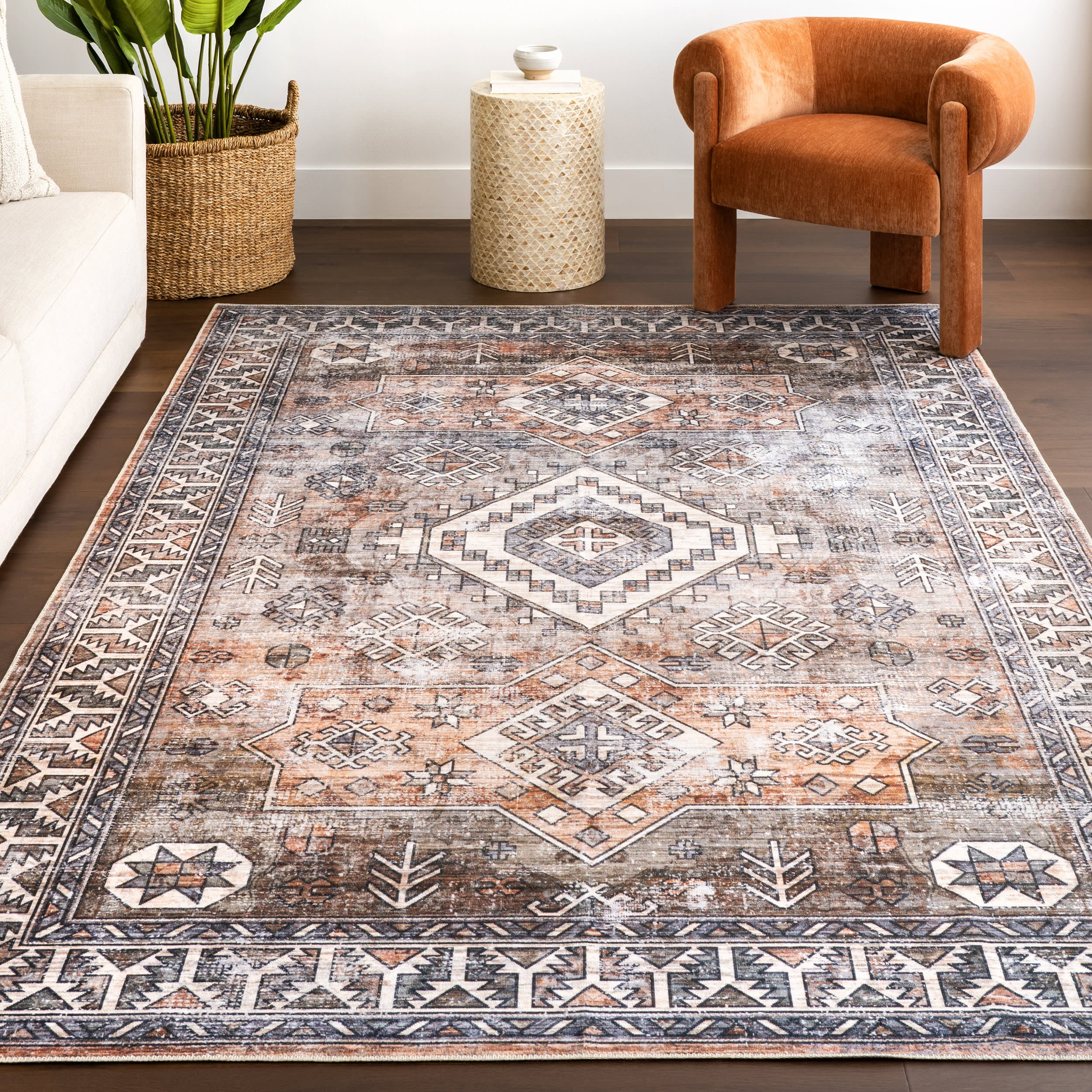 Faded Geometric Washable Rug | Rust - Image 5