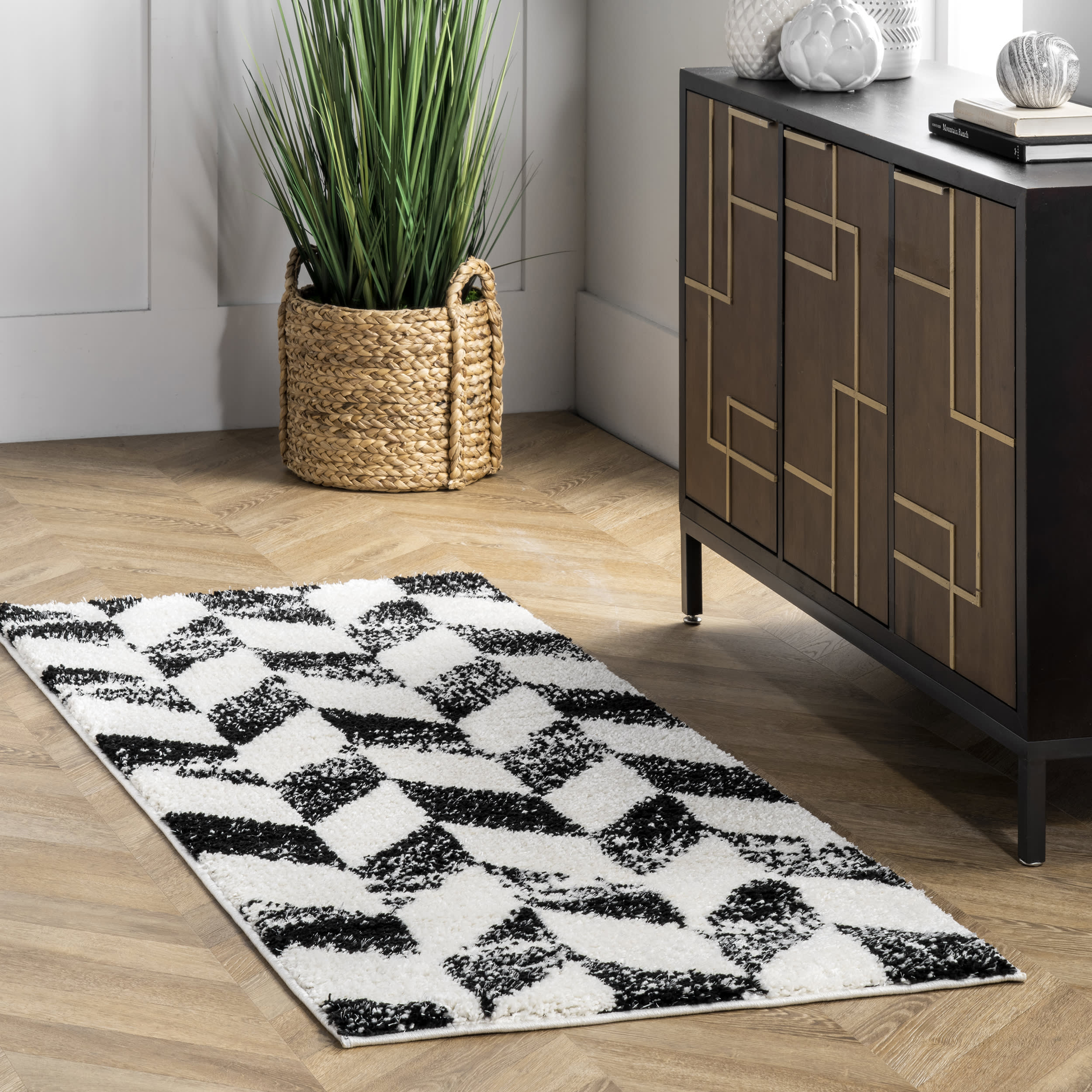 Faded Herringbone Shag Rug | Black And White - Image 2