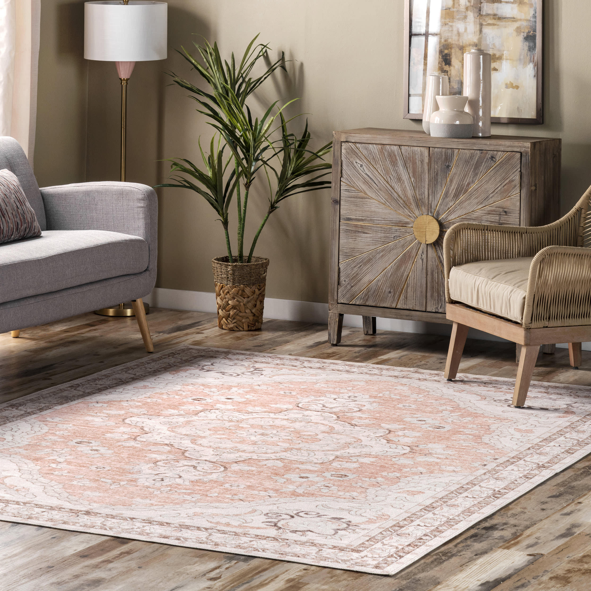 Faded Rosette Washable Rug | Peach - Image 2