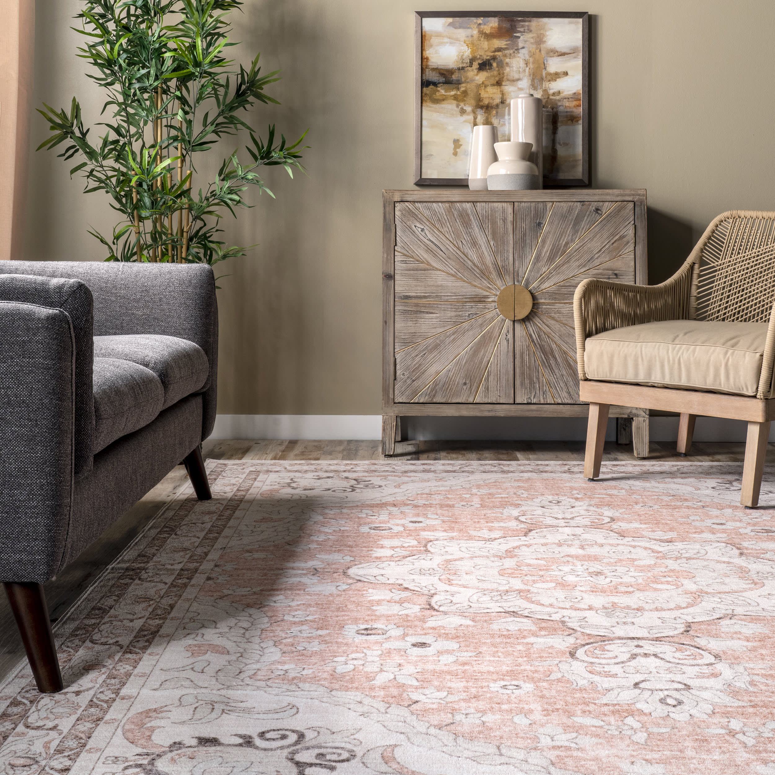 Faded Rosette Washable Rug | Peach - Image 4