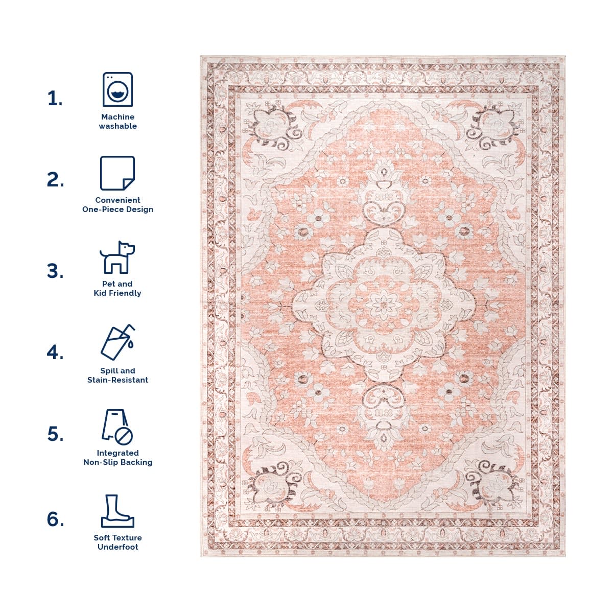 Faded Rosette Washable Rug | Peach - Image 6