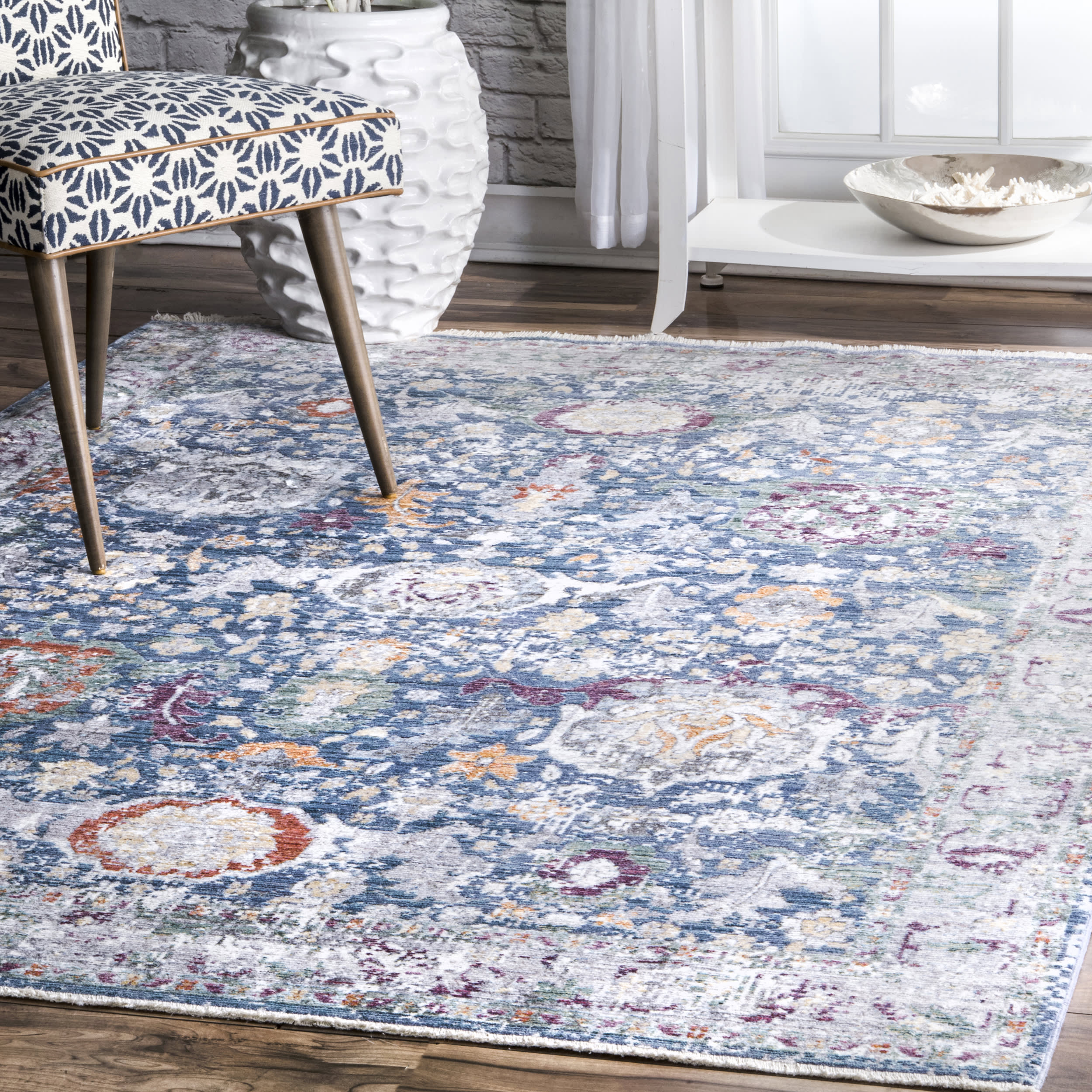 Fading Floral Fringe Rug | Blue - Image 2