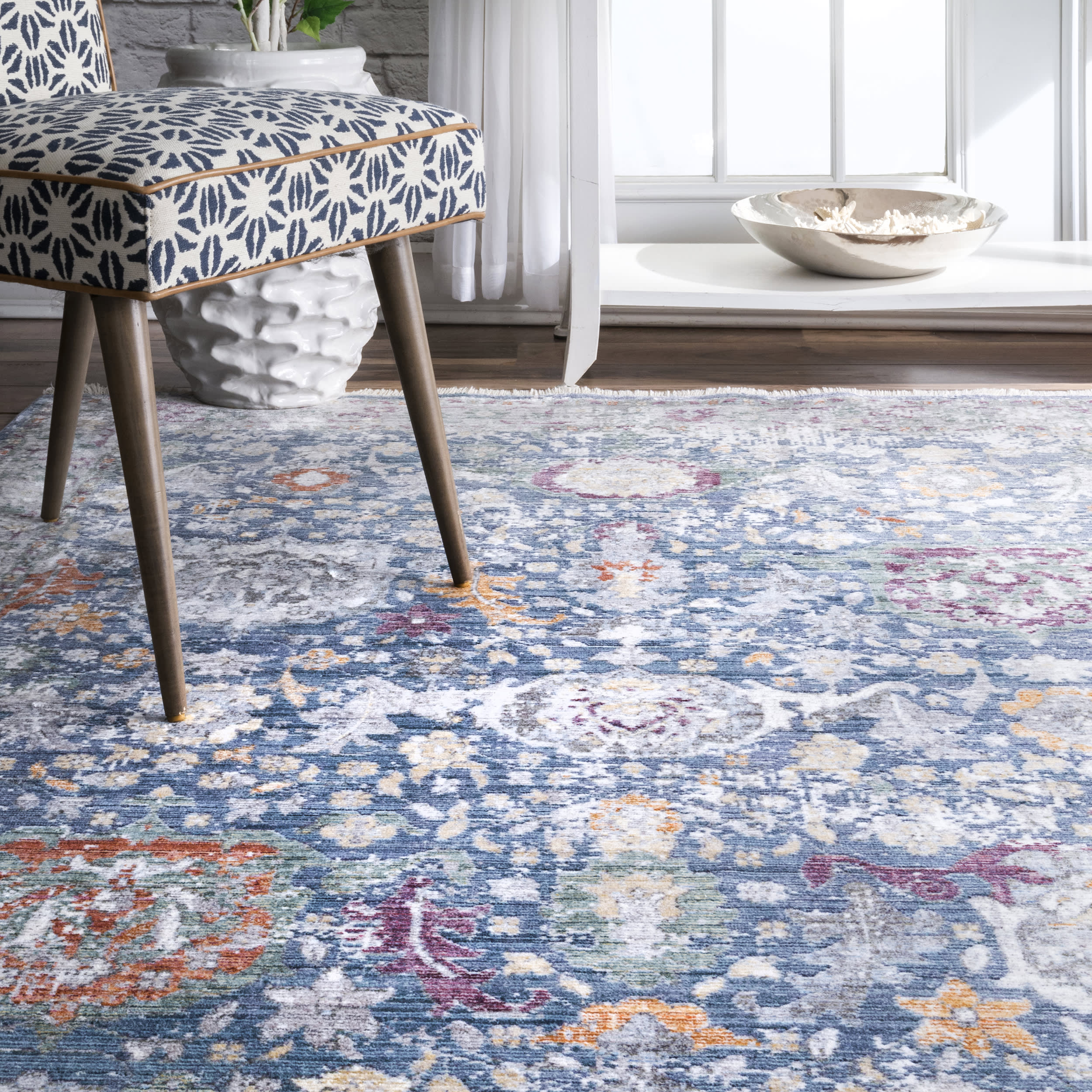Fading Floral Fringe Rug | Blue - Image 4
