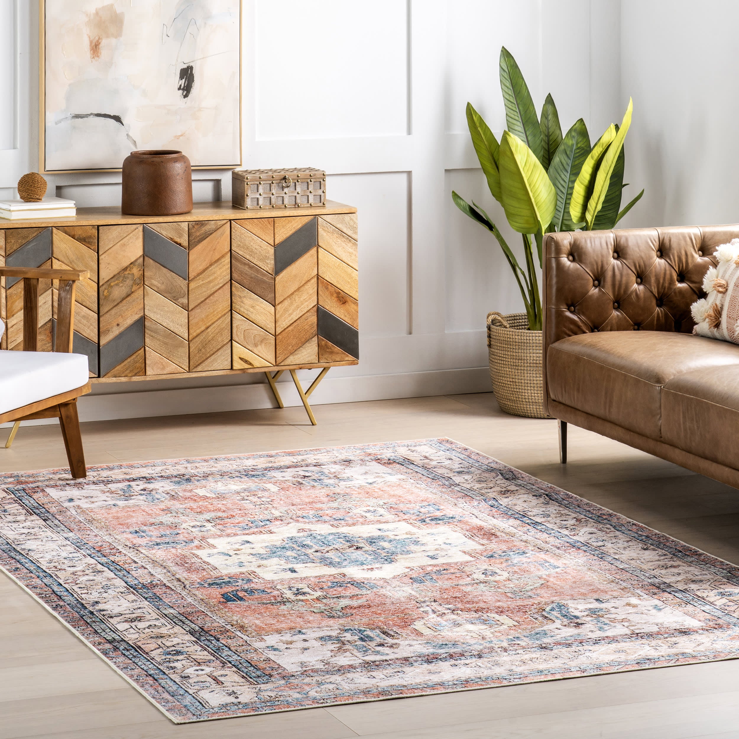 Fading Oriental Spill Proof Washable Rug | Light Rust - Image 2