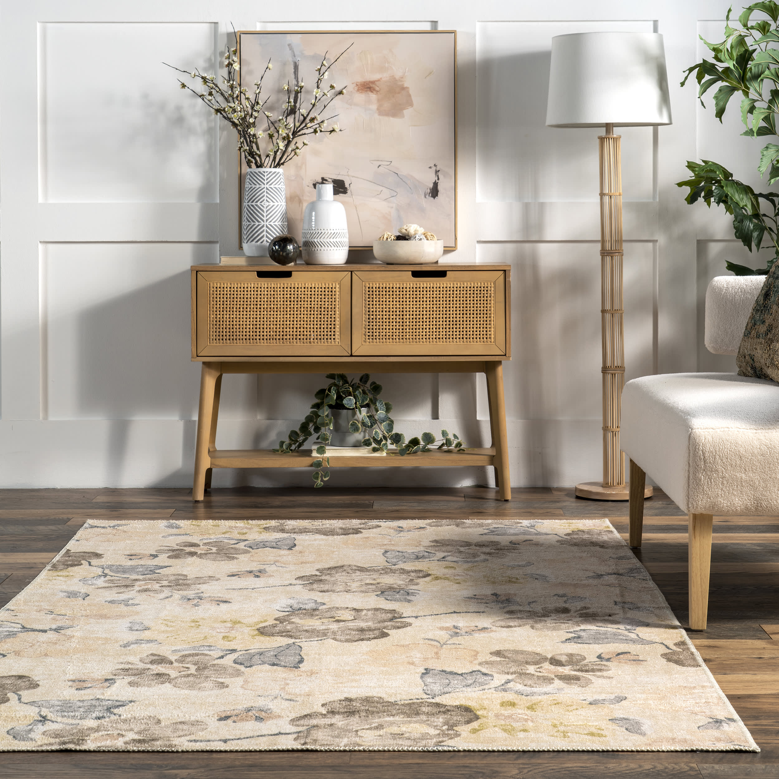 Fanya Floral Washable Rug | Beige - Image 4
