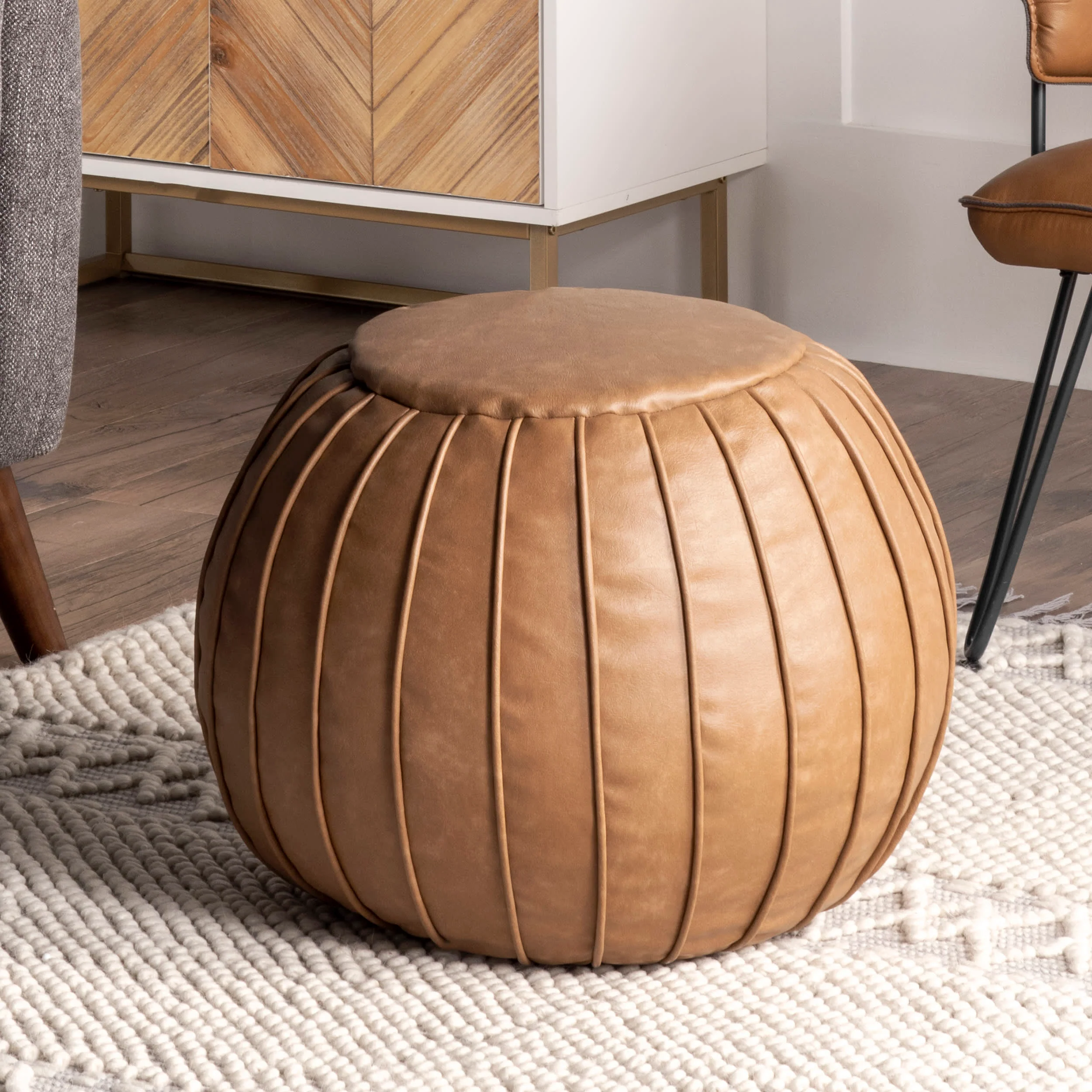 Faux Leather Pleated Pouf | Brown - Image 3